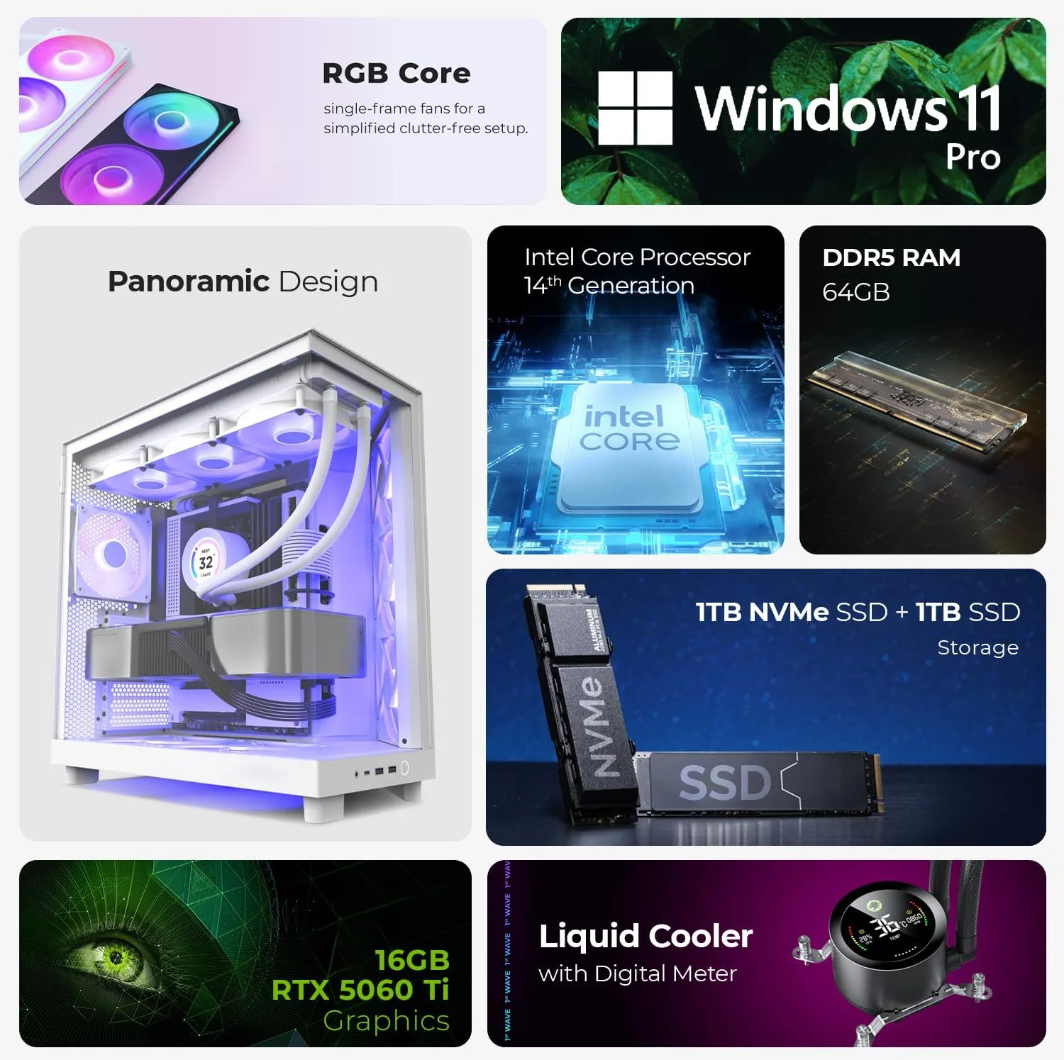 ایستگاه کاری 1st Wave Xtreme - Intel Core i9-14900K، 64 گیگابایت رم DDR5، 1 ترابایت NVMe SSD + 1 ترابایت SDD، کارت گرافیک Nvidia RTX5060 Ti 16GB - Win11 Pro، 1+ - برای مدل سازی سه بعدی، یادگیری عمیق (سفید) (ارتقا یافته)