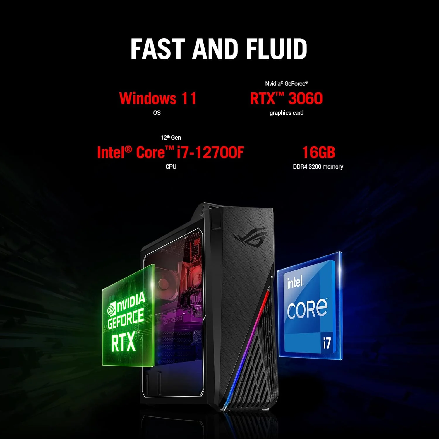 کامپیوتر رومیزی گیمینگ ایسوس ROG Strix G15، پردازنده Intel Core i7-12700F، کارت گرافیک GeForce RTX 3060 12GB، رم 16GB DDR4، حافظه SSD 1TB PCIe 4.0، ویندوز 11 هوم، G15CF-AB766