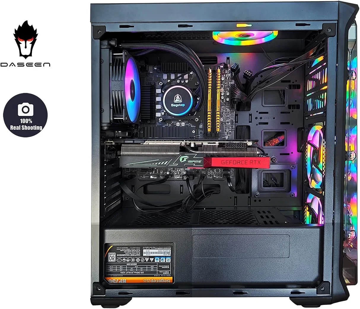 کامپیوتر رومیزی گیمینگ DASEEN – پردازنده Intel Core i7-12700 2.1GHz، کارت گرافیک NVIDIA GeForce RTX4060 8GB، رم 32GB DDR4 3200، حافظه SSD NVME 1TB، خنک کننده مایع، WIFI READY، ویندوز 11 HOME (ارتقا یافته)