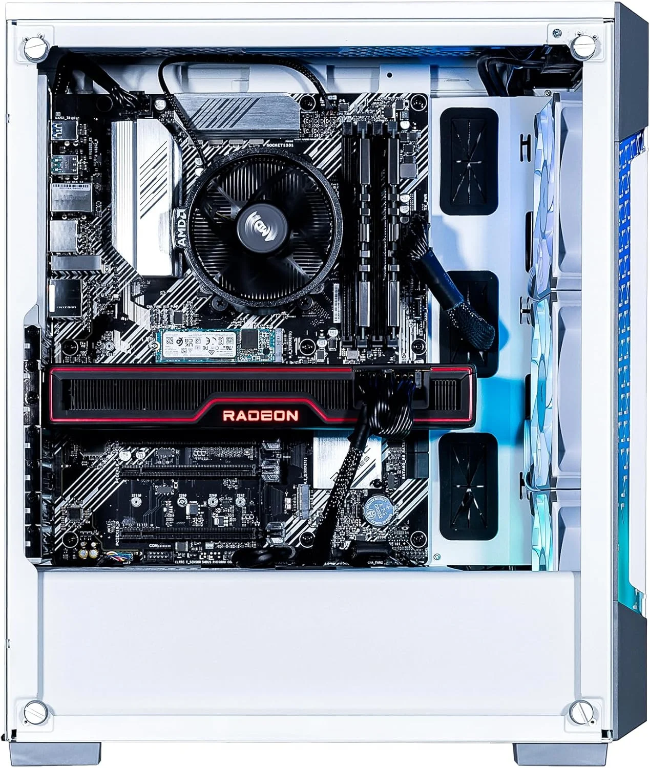 کامپیوتر رومیزی گیمینگ سفارشی Velztorm White Fultix (AMD Ryzen 5-5500, Radeon RX570 8G, 32GB DDR4, 2TB PCIe SSD, فن های RGB، منبع تغذیه 750W، WiFi 5، بلوتوث 4.2، RJ-45، HDMI، Win 11 Pro)