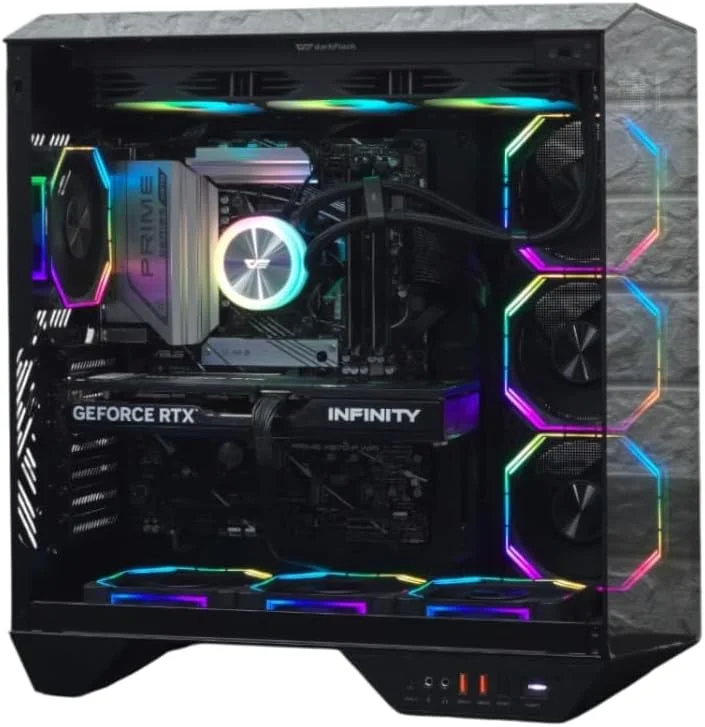 کامپیوتر رومیزی گیمینگ حرفه ای - پردازنده Intel Core i9 نسل 14، NVIDIA RTX 5080 16GB، رم 32GB DDR5، حافظه SSD NVMe 1TB، مادربرد WiFi D5، خنک کننده مایع، منبع تغذیه، ویندوز 11 - کیس برج RGB با عملکرد بالا