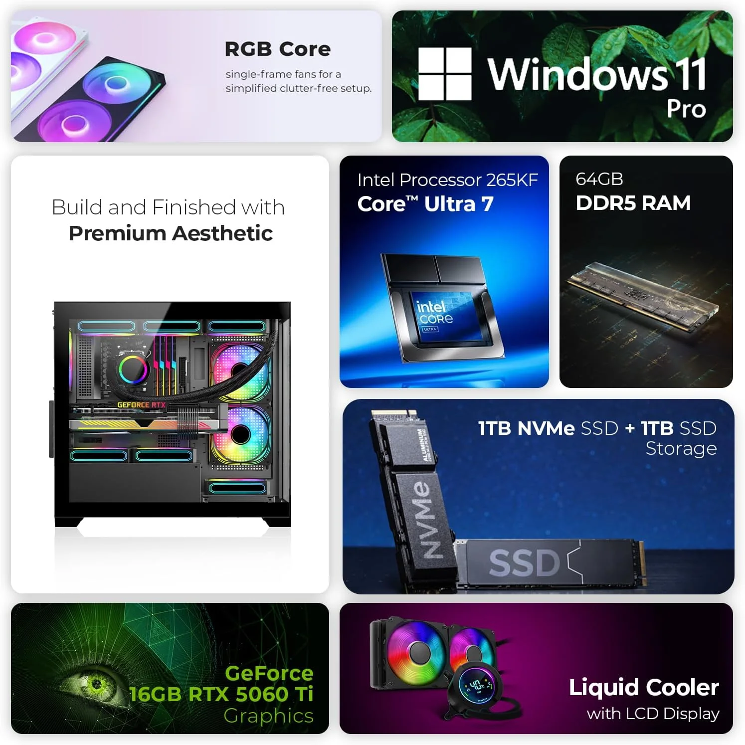 کامپیوتر گیمینگ First Wave AeroRift – پردازنده Intel Core Ultra 7-265KF، گرافیک 16GB RTX 5060 Ti، رم 64GB DDR5 RGB، حافظه SSD 2TB (1TB NVMe + 1TB SATA)، WiFi، خنک کننده ARGB، ویندوز 11 پرو