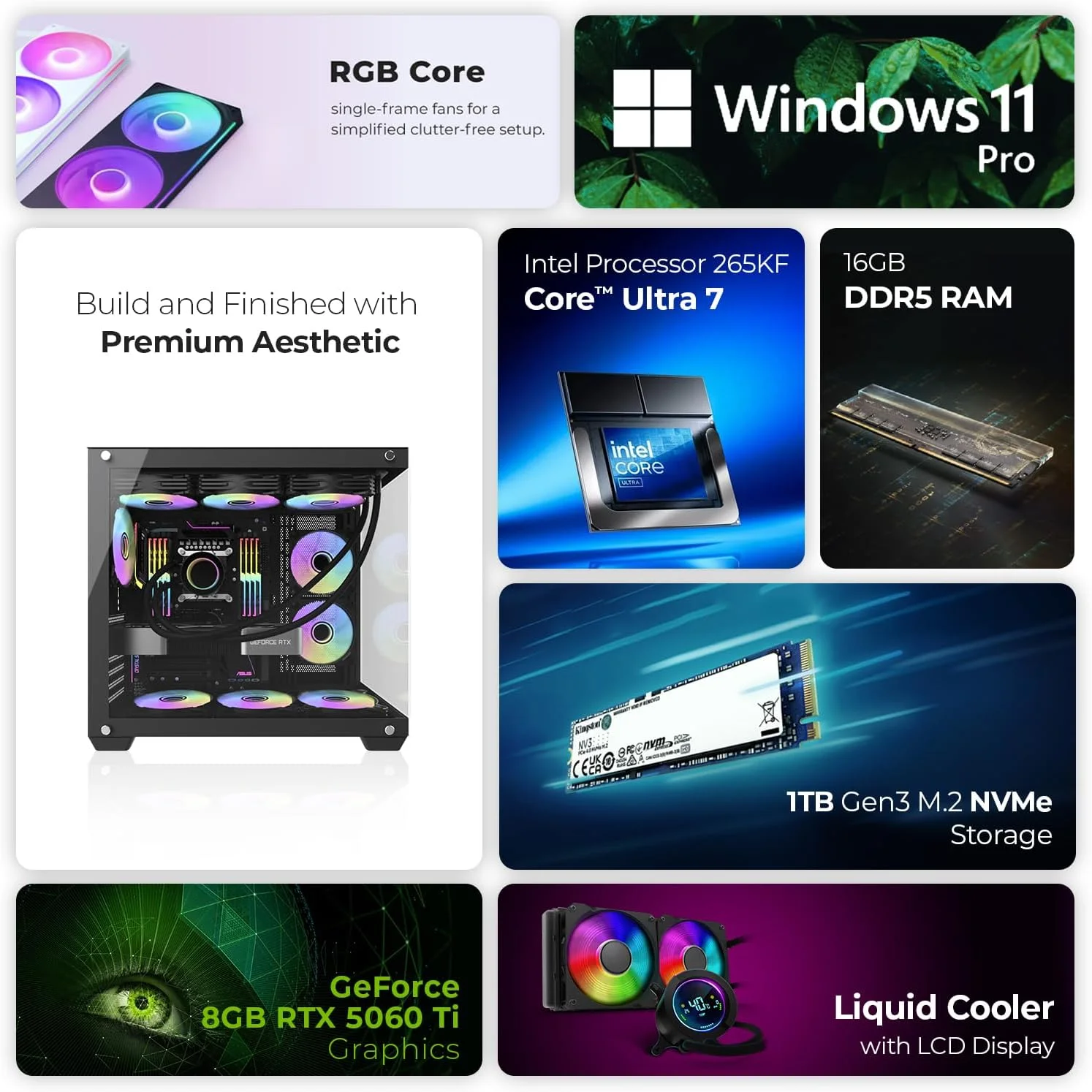کامپیوتر گیمینگ فرست ویو CryoSpire – پردازنده Intel Core Ultra 7-265KF، کارت گرافیک 8GB RTX 5060 Ti، رم 16GB DDR5 RGB، حافظه 1TB NVMe SSD، وای فای، خنک کننده ARGB، ویندوز 11 پرو، دسکتاپ با عملکرد بالا