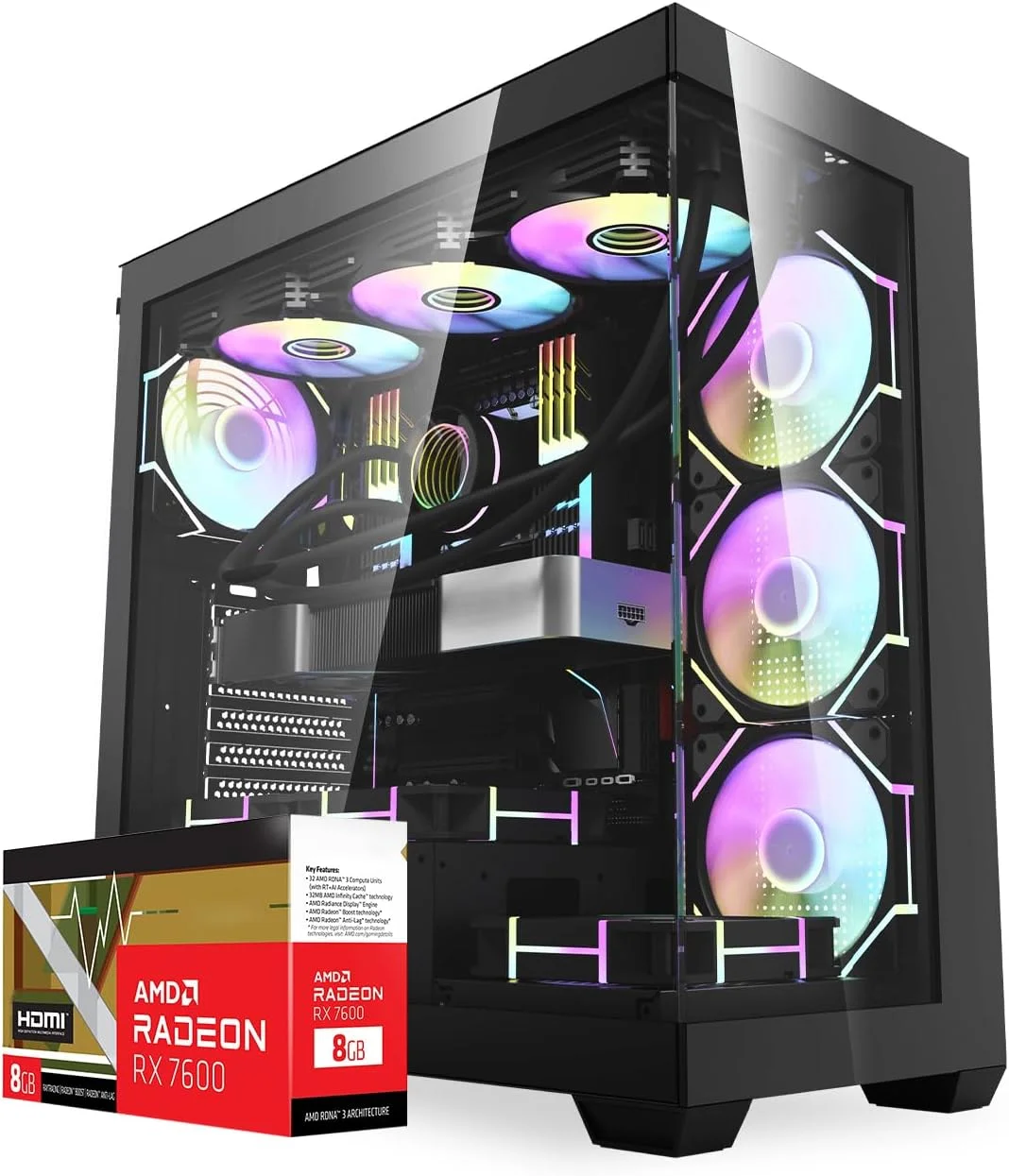 کامپیوتر گیمینگ فرست ویو AstroX – AMD Ryzen 7-7700، گرافیک 8GB Radeon RX 7600 GDDR6 OC، رم 32GB DDR5 RGB، SSD NVMe 1TB، WiFi، خنک کننده ARGB، ویندوز 11 پرو، دسکتاپ با عملکرد بالا