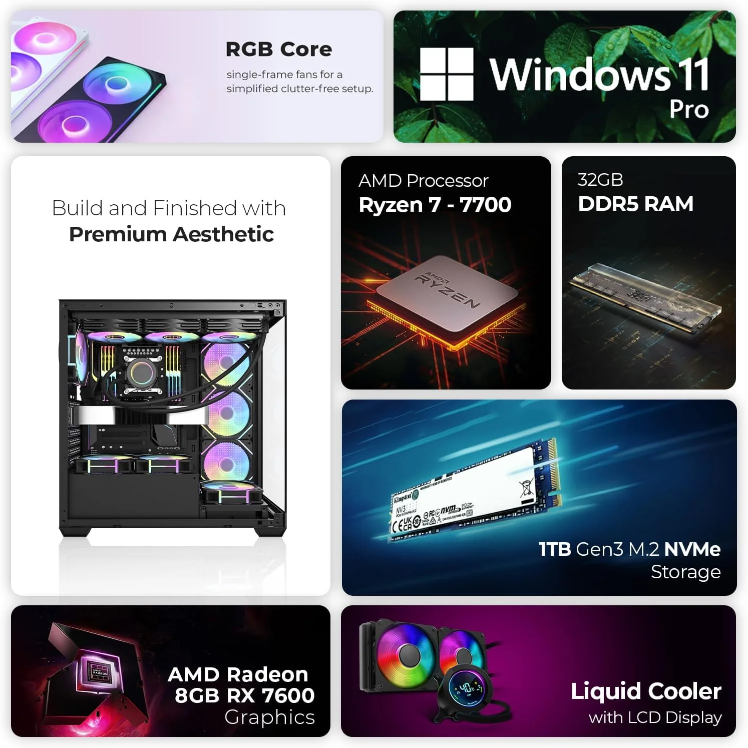 کامپیوتر گیمینگ فرست ویو AstroX – AMD Ryzen 7-7700، گرافیک 8GB Radeon RX 7600 GDDR6 OC، رم 32GB DDR5 RGB، SSD NVMe 1TB، WiFi، خنک کننده ARGB، ویندوز 11 پرو، دسکتاپ با عملکرد بالا