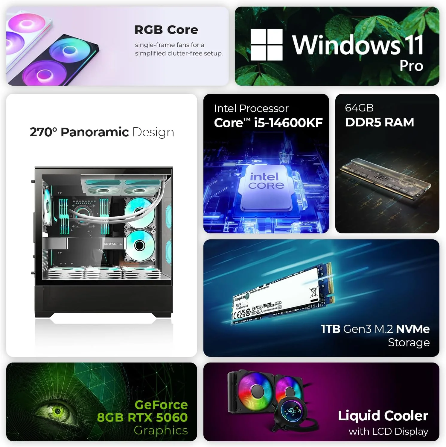 کامپیوتر گیمینگ فرست ویو CryoStrike - پردازنده Intel Core i5-14600KF، کارت گرافیک 8GB RTX 5060، حافظه 1TB NVMe SSD، WiFi، خنک کننده مایع LCD، 6 فن، مشکی - کامپیوتر گیمینگ رومیزی با عملکرد بالا (64GB)