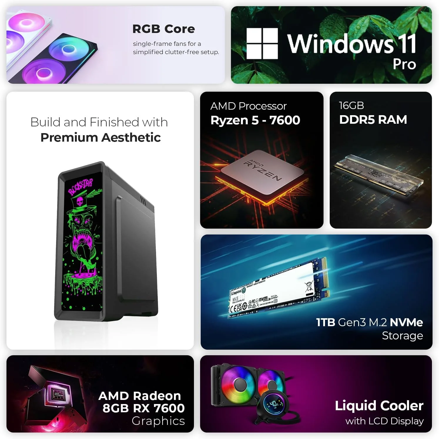 کامپیوتر گیمینگ فرست ویو فراست تایتان – AMD Ryzen 5-7600، گرافیک 8GB Radeon RX 7600 GDDR6 OC، رم 16GB DDR5 RGB، حافظه 1TB NVMe SSD، وای فای، خنک کننده ARGB، ویندوز 11 پرو، دسکتاپ با عملکرد بالا