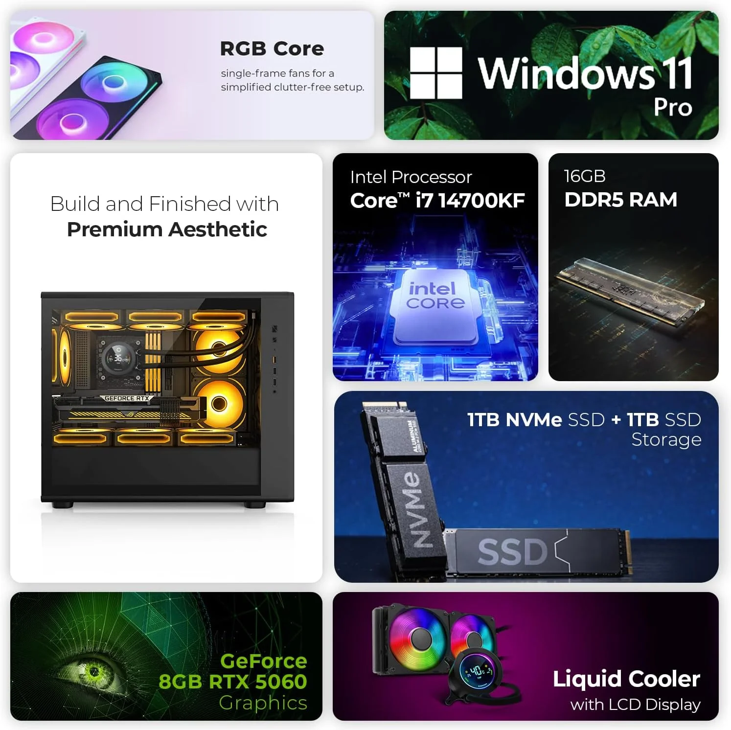 کامپیوتر گیمینگ فرست ویو فراست ریج - پردازنده نسل ۱۴ اینتل i7-14700KF، کارت گرافیک RTX 5060 با ۸ گیگابایت حافظه، ۱۶ گیگابایت رم DDR5 RGB، ۲ ترابایت SSD (۱ ترابایت NVMe + ۱ ترابایت SATA)، وای فای، خنک کننده ARGB، ویندوز ۱۱ پرو - دسکتاپ با عملکرد بالا