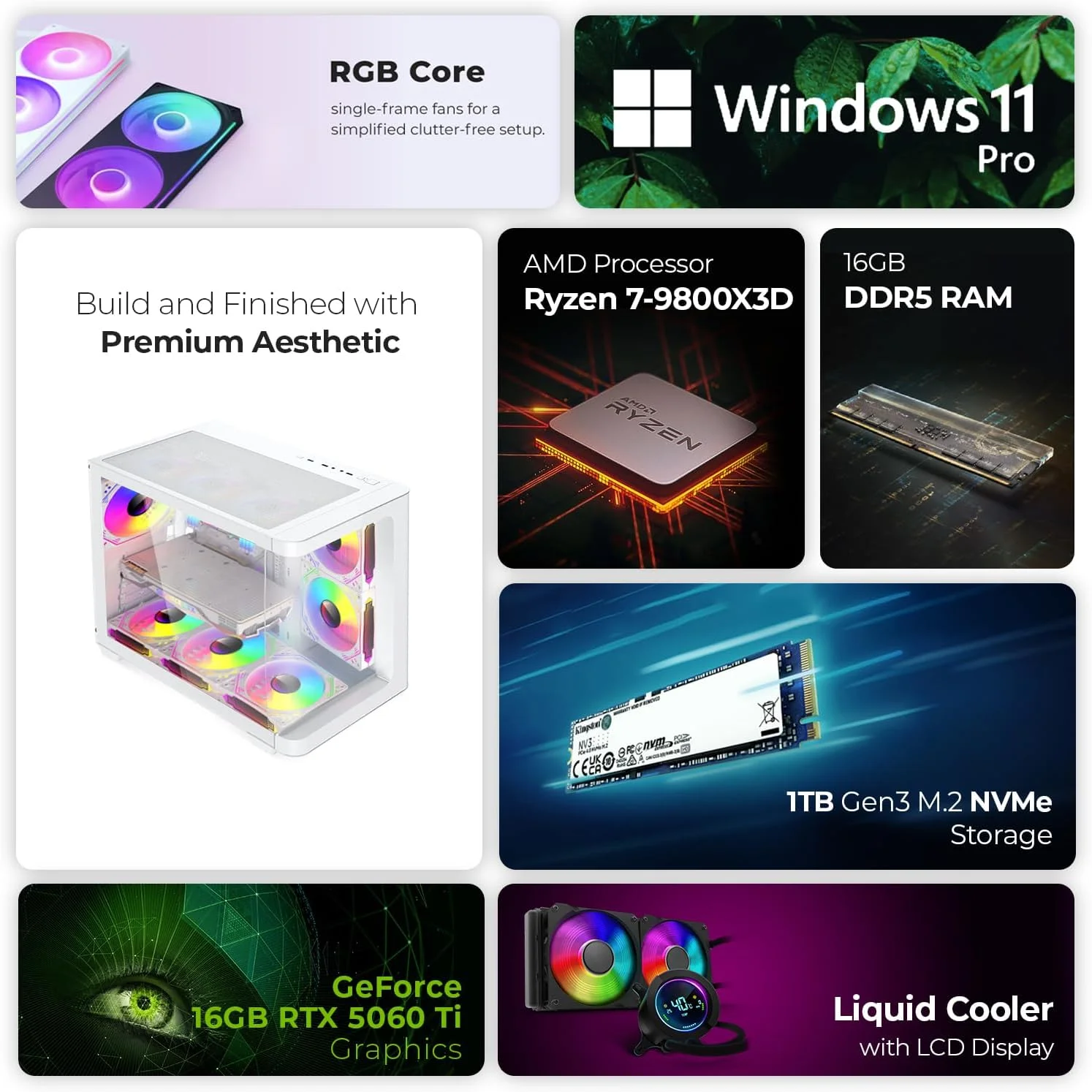 کامپیوتر گیمینگ فرست ویو FluxBladeX – پردازنده AMD Ryzen 7-9800X3D، کارت گرافیک 16GB RTX 5060 Ti، رم 16GB DDR5 RGB، حافظه 1TB NVMe SSD، وای فای، خنک کننده ARGB، ویندوز 11 پرو، دسکتاپ با عملکرد بالا