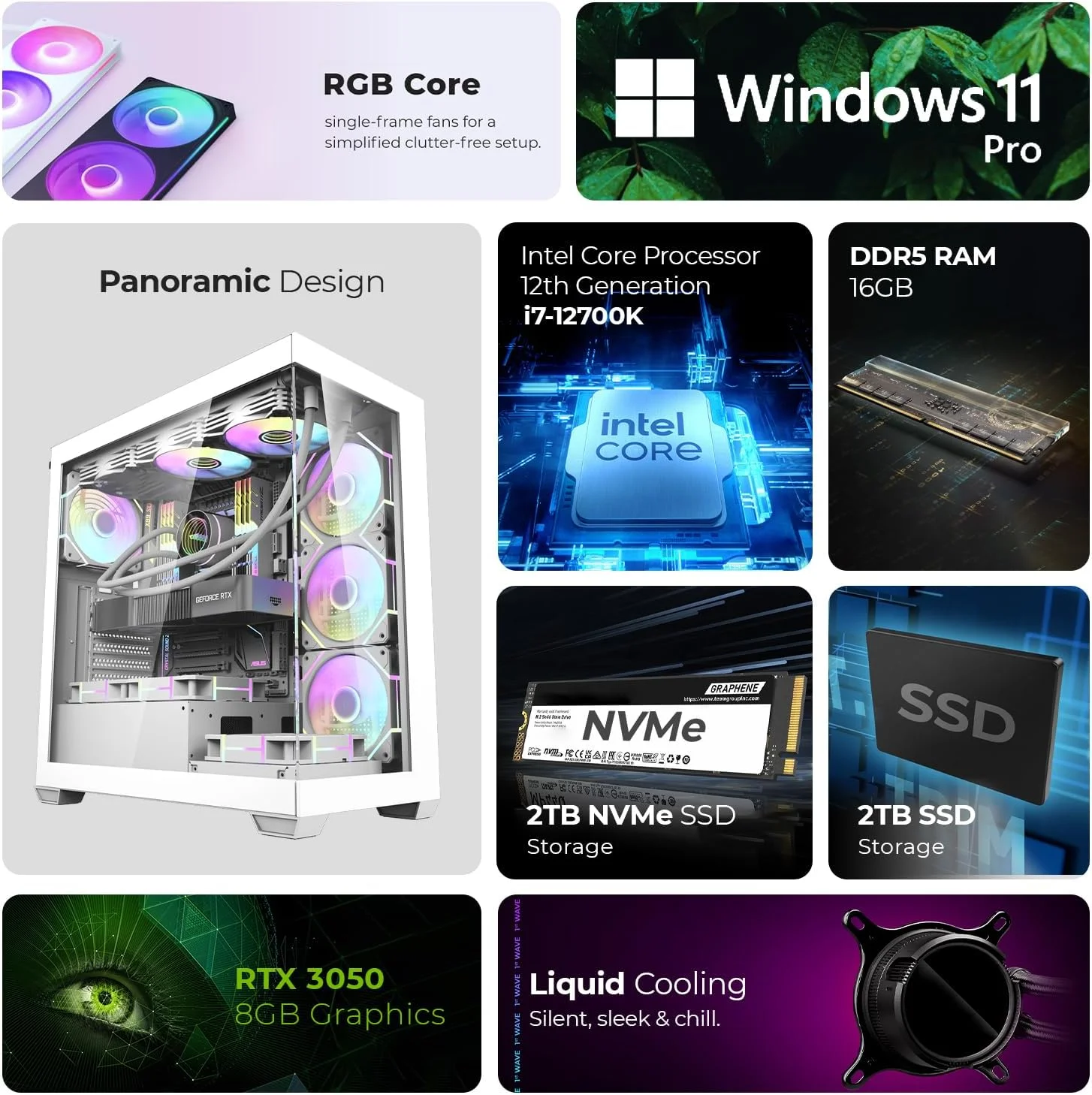 کامپیوتر گیمینگ فرست ویو Exodus - نسل 14 اینتل i7-14700K، کارت گرافیک RTX4060 8GB، ویندوز 11 پرو - ویرایش ویدیو، بلندر، آنریل انجین (سفید، 16 گیگابایت - 2 ترابایت NVME | 2 ترابایت SSD)