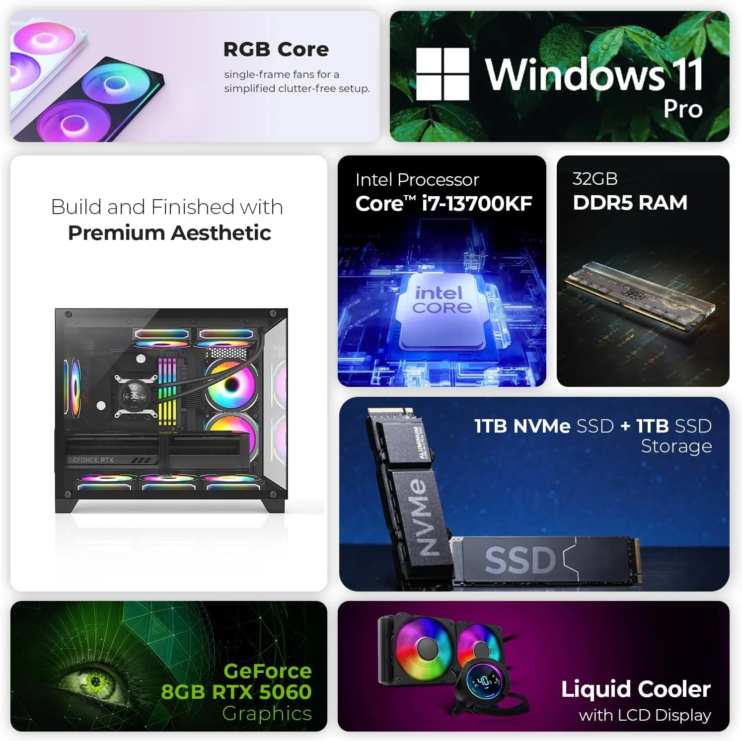 کامپیوتر گیمینگ فرست ویو هایپرباکس - پردازنده Intel Core i7-13700KF، گرافیک 8GB RTX 5060، حافظه 2TB SSD (1TB NVMe + 1TB SATA)، وای فای، خنک کننده هوشمند ARGB Sync - دسکتاپ گیمینگ با عملکرد بالا (64GB)