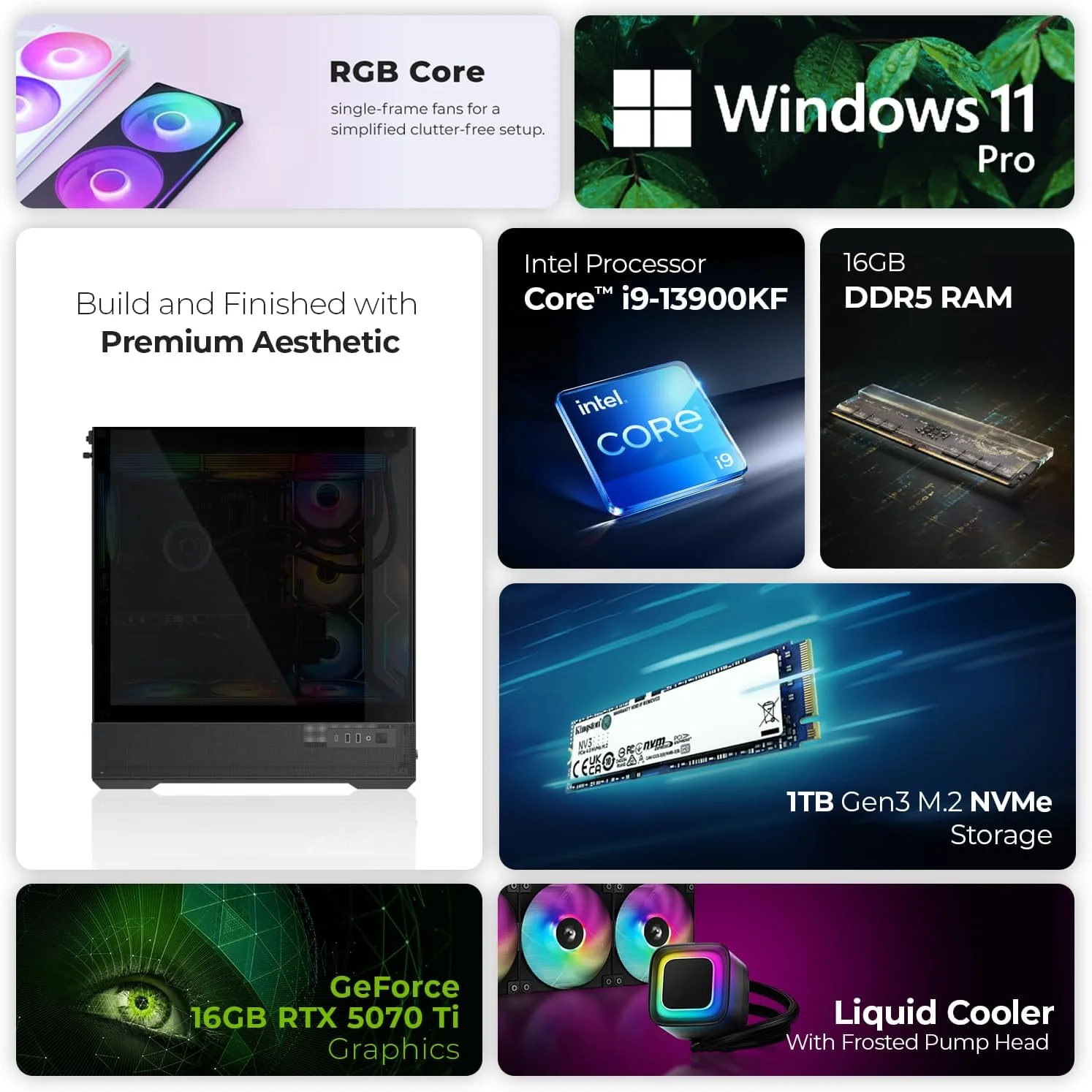 کامپیوتر گیمینگ فرست ویو هایپرولت – پردازنده نسل سیزدهم اینتل i9-13900KF، کارت گرافیک 16 گیگابایتی RTX 5070 Ti، رم 16 گیگابایتی DDR5 RGB، حافظه اس اس دی 1 ترابایتی NVMe، وای فای، خنک کننده ARGB، ویندوز 11 پرو، دسکتاپ با عملکرد بالا