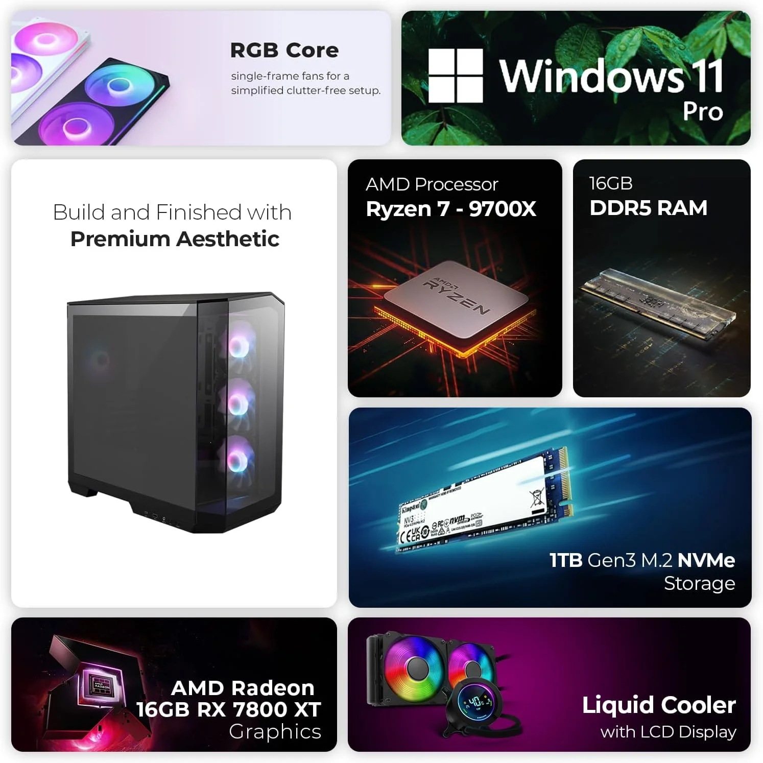 کامپیوتر گیمینگ فرست ویو HyperionX – AMD Ryzen 7-9700، گرافیک 16GB Radeon RX 7800 GDDR6 OC، رم 16GB DDR5 RGB، حافظه 1TB NVMe SSD، وای فای، خنک کننده ARGB، ویندوز 11 پرو، دسکتاپ با عملکرد بالا