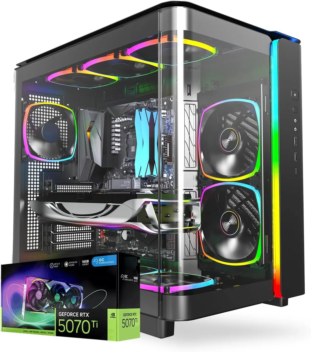 کامپیوتر گیمینگ فرست ویو نوافلاکس – پردازنده Intel Core Ultra 9-285K، کارت گرافیک 16GB RTX 5070 Ti، رم 16GB DDR5 RGB، حافظه 2TB SSD (1TB NVMe + 1TB SATA)، WiFi، خنک کننده ARGB، ویندوز 11 پرو، 2 سال 