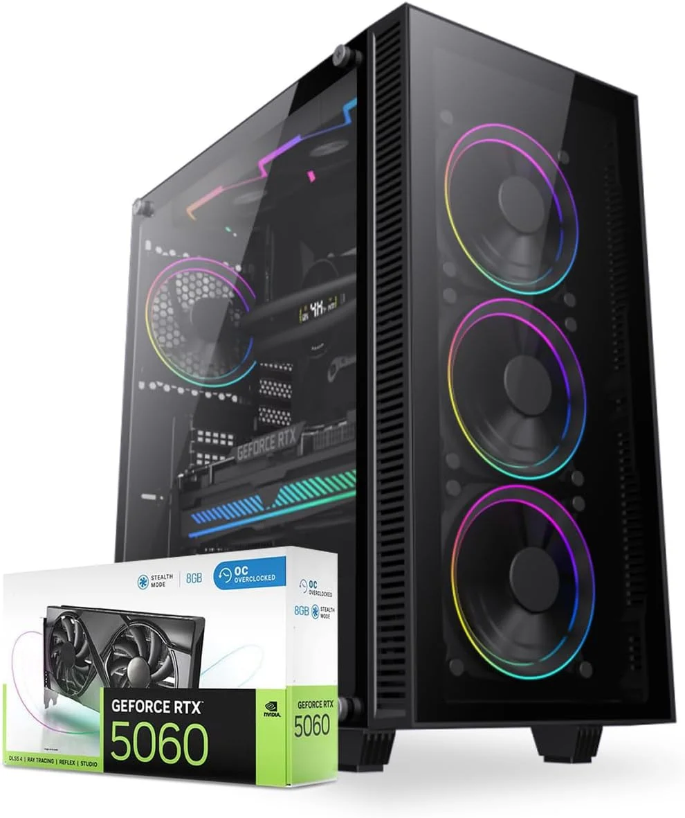 کامپیوتر گیمینگ فرست ویو آیرون استورم – پردازنده Intel Core i7-12700F، کارت گرافیک 8GB RTX 5060، حافظه 1TB M.2 NVMe SSD، دارای WiFi، خنک کننده هوشمند ARGB Sync – کامپیوتر دسکتاپ گیمینگ با عملکرد بالا (16GB)