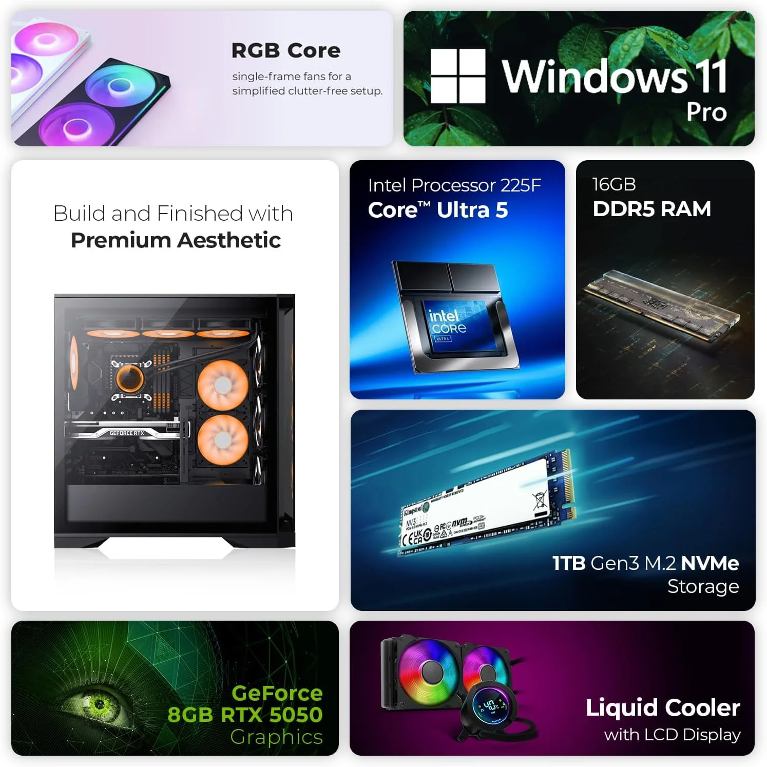 کامپیوتر گیمینگ فرست ویو آیرون لیف – پردازنده Intel Core Ultra 5 225F، کارت گرافیک 8GB RTX 5050، رم 16GB DDR5 RGB، حافظه 2TB SSD (1TB NVMe + 1TB SATA)، WiFi، خنک کننده ARGB، ویندوز 11 پرو