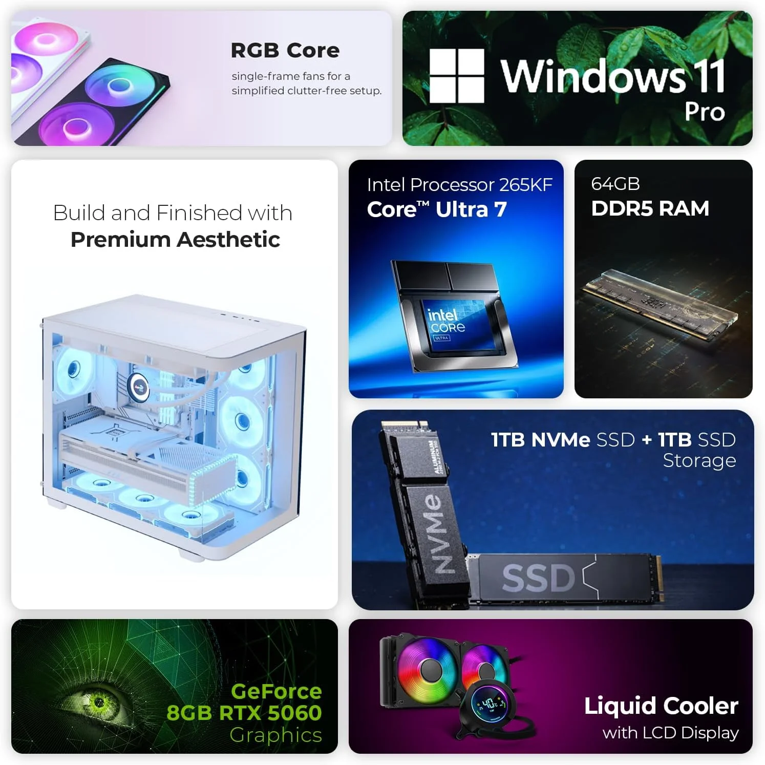 کامپیوتر گیمینگ فرست ویو LumineX – پردازنده Intel Core Ultra 7-265KF، کارت گرافیک 8GB RTX 5060، رم 64GB DDR5 RGB، حافظه 2TB SSD (1TB NVMe + 1TB SATA)، WiFi، خنک کننده ARGB، ویندوز 11 پرو، دسکتاپ پرقدرت