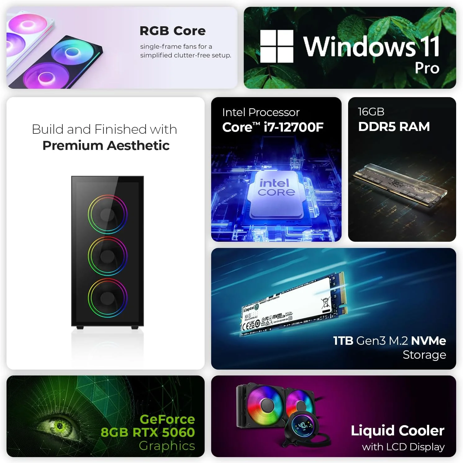 کامپیوتر گیمینگ فرست ویو آیرون استورم – پردازنده Intel Core i7-12700F، کارت گرافیک 8GB RTX 5060، حافظه 1TB M.2 NVMe SSD، دارای WiFi، خنک کننده هوشمند ARGB Sync – کامپیوتر دسکتاپ گیمینگ با عملکرد بالا (16GB)