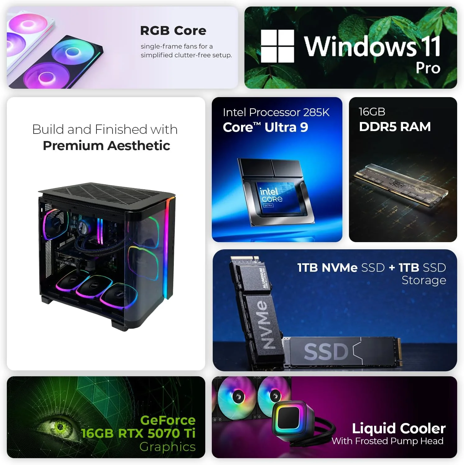 کامپیوتر گیمینگ فرست ویو نوافلاکس – پردازنده Intel Core Ultra 9-285K، کارت گرافیک 16GB RTX 5070 Ti، رم 16GB DDR5 RGB، حافظه 2TB SSD (1TB NVMe + 1TB SATA)، WiFi، خنک کننده ARGB، ویندوز 11 پرو، 2 سال 