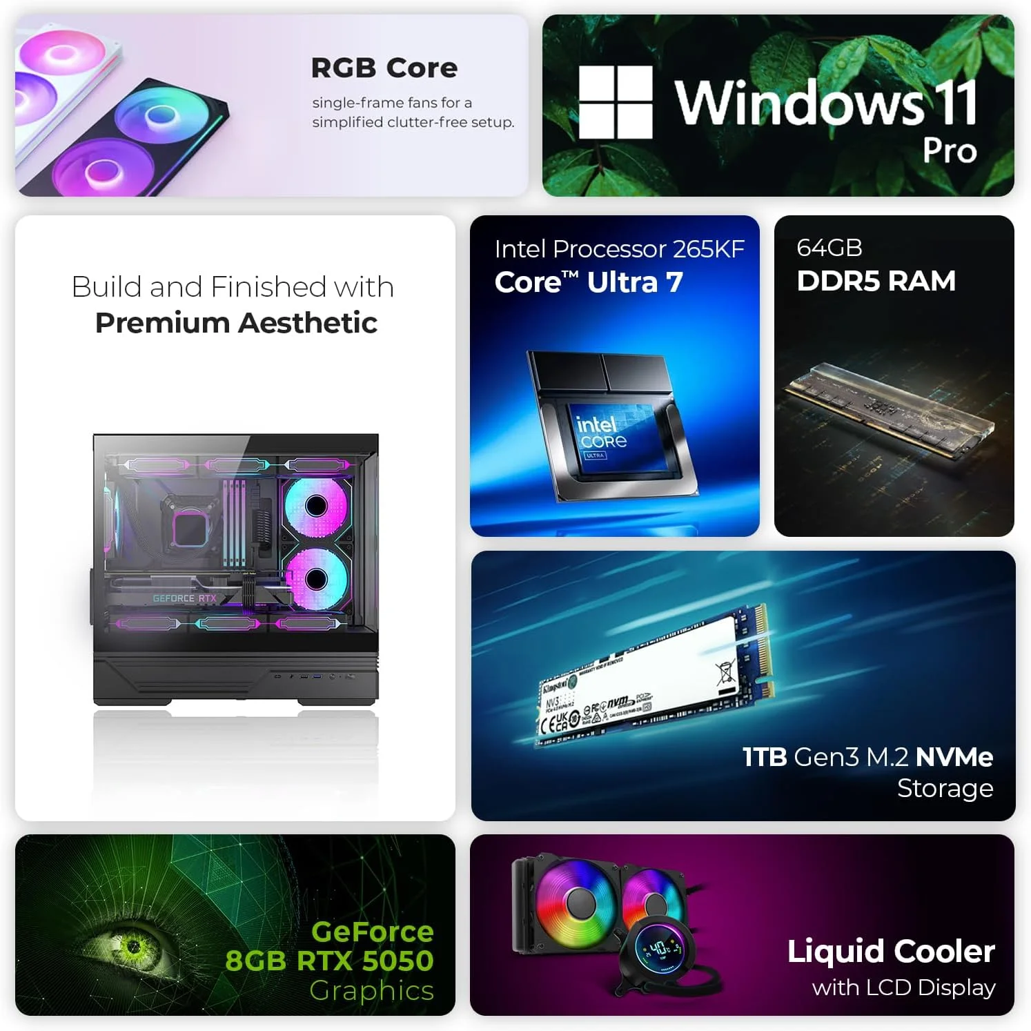 کامپیوتر گیمینگ فرست ویو آیس بریکر – پردازنده Intel Core Ultra 7-265KF، گرافیک 8GB RTX 5050، رم 64GB DDR5 RGB، حافظه 1TB NVMe SSD، وای فای، خنک کننده ARGB، ویندوز 11 پرو، دسکتاپ با عملکرد بالا