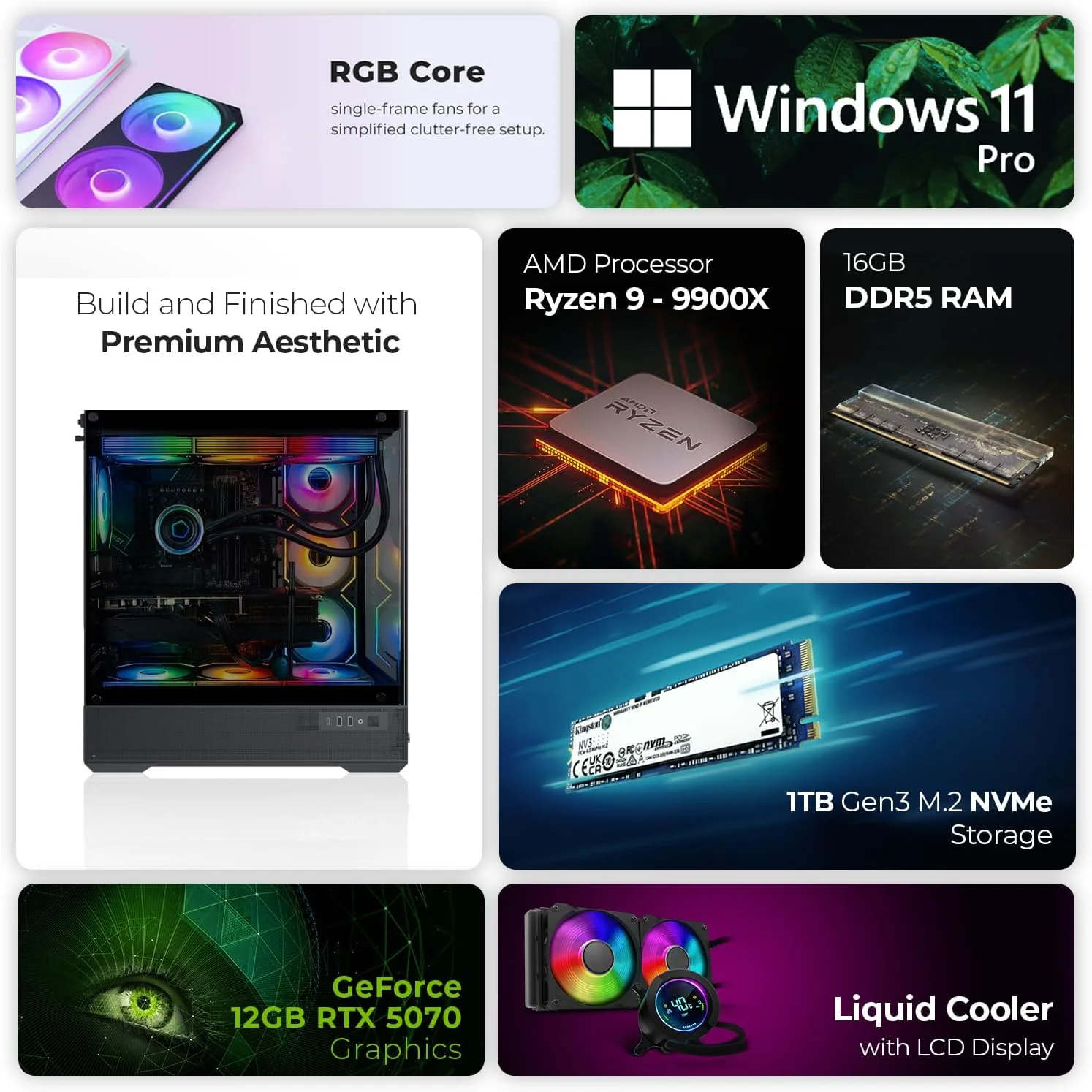 کامپیوتر گیمینگ فرست ویو NightReaper – AMD Ryzen 9-9900X، گرافیک 12GB RTX 5070 ARGB OC، رم 16GB DDR5 RGB، SSD NVMe 1TB، WiFi، خنک کننده ARGB، ویندوز 11 پرو، دسکتاپ با عملکرد بالا