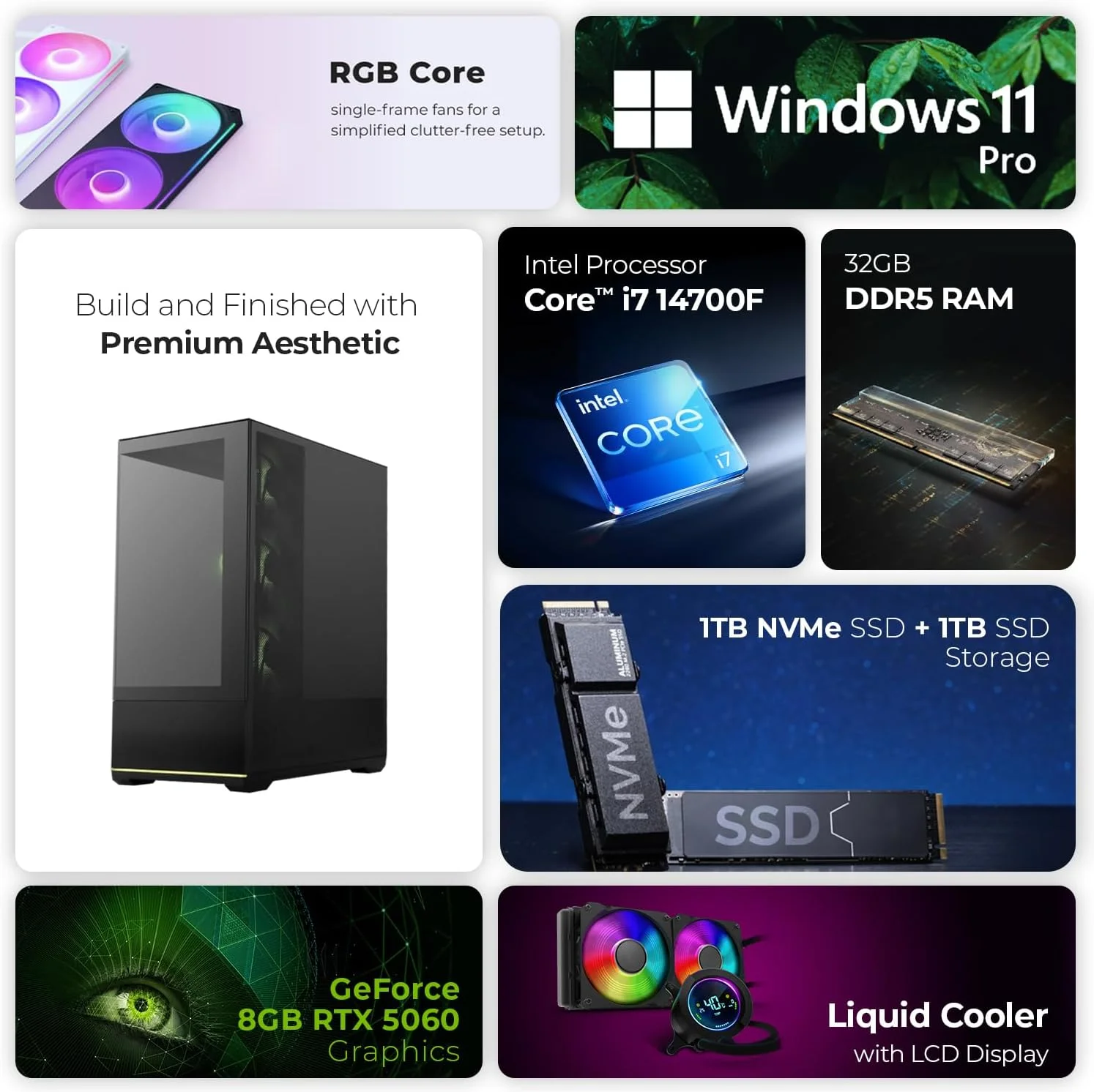 کامپیوتر گیمینگ فرست ویو NightPulse – پردازنده نسل ۱۴ اینتل Core i7-14700F، گرافیک RTX 5060 8GB، رم ۳۲GB DDR5 RGB، حافظه ۱TB NVMe SSD، وای فای، خنک کننده ARGB، ویندوز ۱۱ پرو، مشکی – دسکتاپ با عملکرد بالا