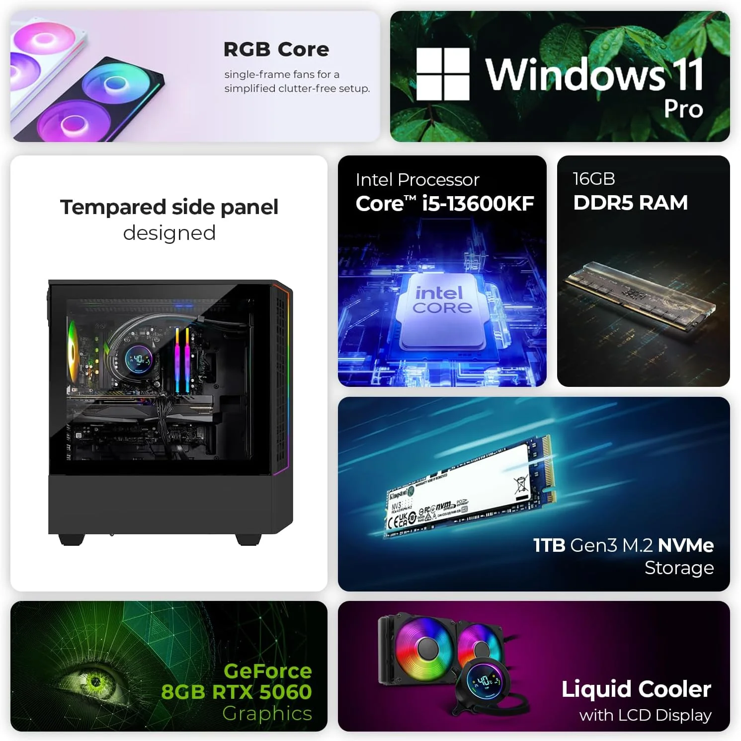 کامپیوتر گیمینگ فرست ویو PandaCoreX – پردازنده Intel i5-13600KF، کارت گرافیک 8GB RTX 5060، رم 16GB DDR5 RGB، حافظه 1TB NVMe SSD، WiFi، فن های پمپ ARGB با خنک کننده مایع، ویندوز 11 پرو – کامپیوتر گیمینگ با عملکرد بالا