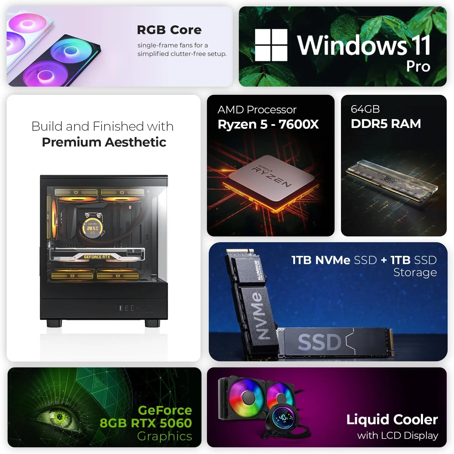 کامپیوتر گیمینگ فرست ویو PolarStream – AMD Ryzen 5-7600، گرافیک 8GB RTX 5060، رم 64GB DDR5 RGB، حافظه 2TB SSD (1TB NVMe + 1TB SATA)، WiFi، خنک کننده ARGB، ویندوز 11 پرو، دسکتاپ با عملکرد بالا