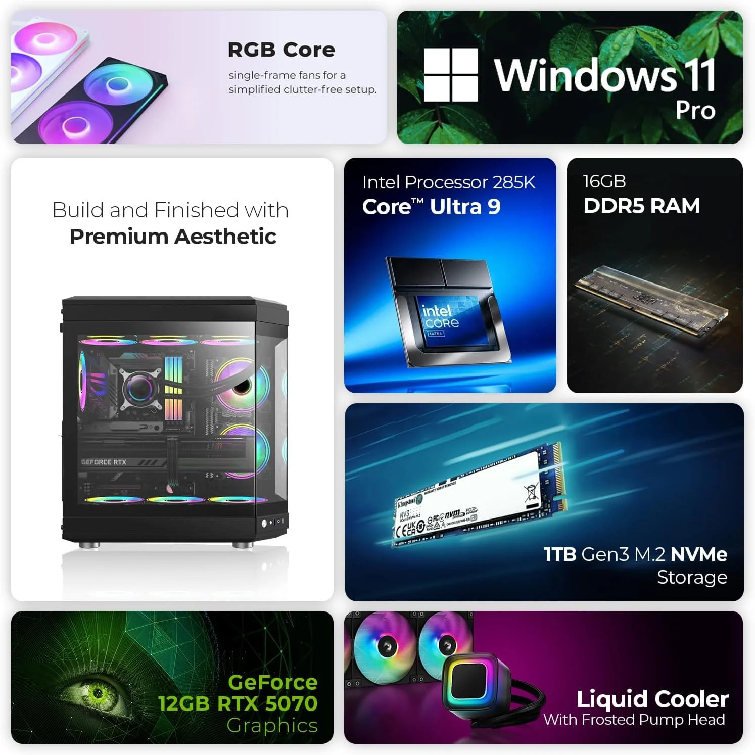 کامپیوتر گیمینگ فرست ویو PhantomForce – پردازنده Intel Core Ultra 9-285K، کارت گرافیک 12GB RTX 5070، رم 16GB DDR5 RGB، حافظه 1TB NVMe SSD، وای فای، خنک کننده ARGB، ویندوز 11 پرو، دسکتاپ با عملکرد بالا