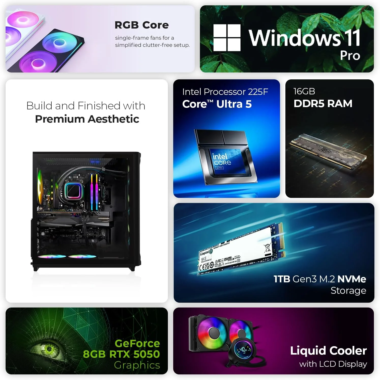 کامپیوتر گیمینگ فرست ویو ShadowWood – پردازنده Intel Core Ultra 5-225F، کارت گرافیک 8GB RTX 5050، رم 16GB DDR5 RGB، حافظه 1TB NVMe SSD، وای فای، خنک کننده ARGB، ویندوز 11 پرو، دسکتاپ با عملکرد بالا