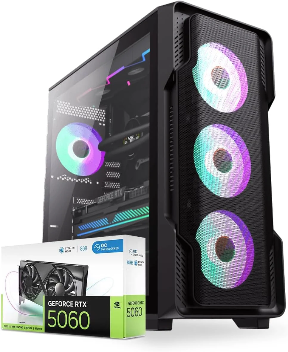 کامپیوتر گیمینگ فرست ویو SiegeCore X – پردازنده نسل چهاردهم Intel i5-14600KF، کارت گرافیک 8GB RTX 5060، حافظه 2TB SSD (1TB NVMe + 1TB SATA)، وای فای، خنک کننده هوشمند، Win11 Pro، کامپیوتر دسکتاپ با عملکرد بالا (64GB)