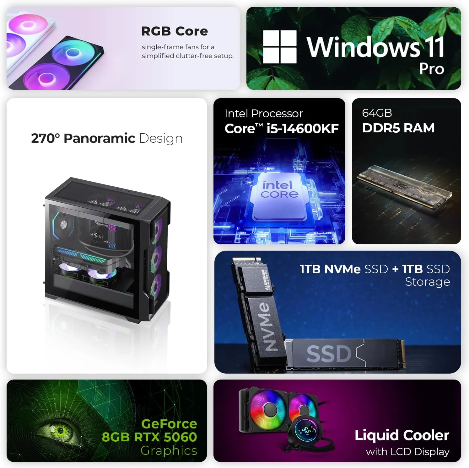کامپیوتر گیمینگ فرست ویو SiegeCore X – پردازنده نسل چهاردهم Intel i5-14600KF، کارت گرافیک 8GB RTX 5060، حافظه 2TB SSD (1TB NVMe + 1TB SATA)، وای فای، خنک کننده هوشمند، Win11 Pro، کامپیوتر دسکتاپ با عملکرد بالا (64GB) کامپیوتر گیمینگ فرست ویو SiegeCore X – پردازنده نسل چهاردهم Intel i5-14600KF، کارت گرافیک 8GB RTX 5060، حافظه 2TB SSD (1TB NVMe + 1TB SATA)، وای فای، خنک کننده هوشمند، Win11 Pro، کامپیوتر دسکتاپ با عملکرد بالا (64GB)