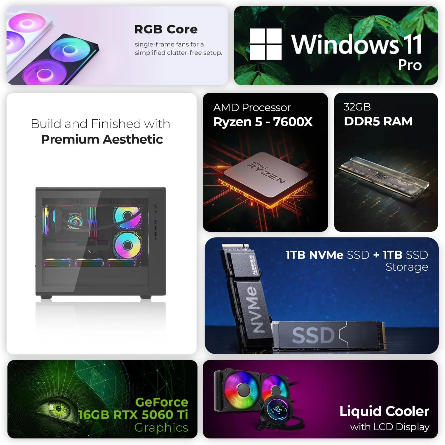 کامپیوتر گیمینگ فرست ویو StormX – AMD Ryzen 5-7600، کارت گرافیک 16GB RTX 5060 Ti، رم 32GB DDR5 RGB، حافظه SSD 2TB (1TB NVMe + 1TB SATA)، WiFi، خنک کننده ARGB، ویندوز 11 پرو، دسکتاپ با عملکرد بالا