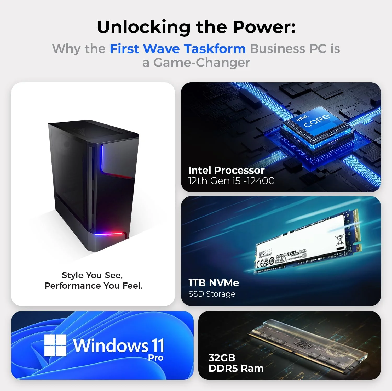 کامپیوتر رومیزی تجاری فرست ویو Taskform - نسل دوازدهم Intel i5-12400، رم 16 گیگابایتی DDR5، حافظه اس اس دی 1 ترابایتی NVMe، وای فای، ویندوز 11 پرو، شامل آخرین نسخه MS Office Home & Business، کیبورد و ماوس