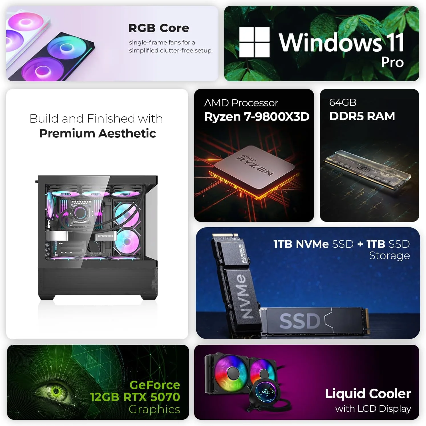 کامپیوتر گیمینگ فرست ویو StormFangX – AMD Ryzen 7-9800X3D، کارت گرافیک اورکلاک شده RTX 5070 16GB، رم 64GB DDR5 RGB، SSD NVMe 1TB + SSD SATA 1TB، WiFi، خنک کننده ARGB، ویندوز 11 پرو، 2 سال 