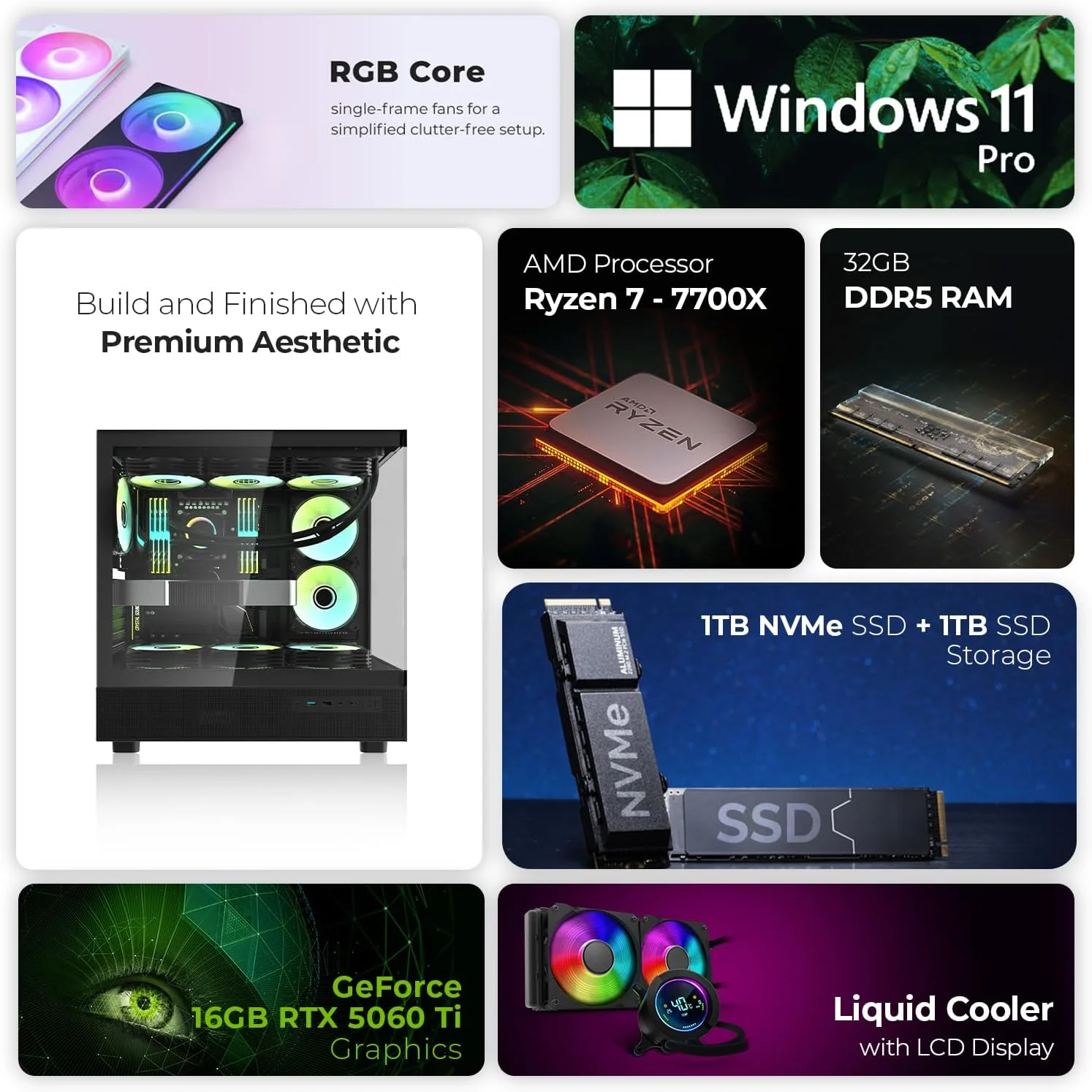 کامپیوتر گیمینگ فرست ویو ViperX – AMD Ryzen 7-7700، گرافیک 16GB RTX 5060 Ti، رم 32GB DDR5 RGB، حافظه 2TB SSD (1TB NVMe + 1TB SATA)، WiFi، خنک کننده ARGB، ویندوز 11 پرو، دسکتاپ با عملکرد بالا