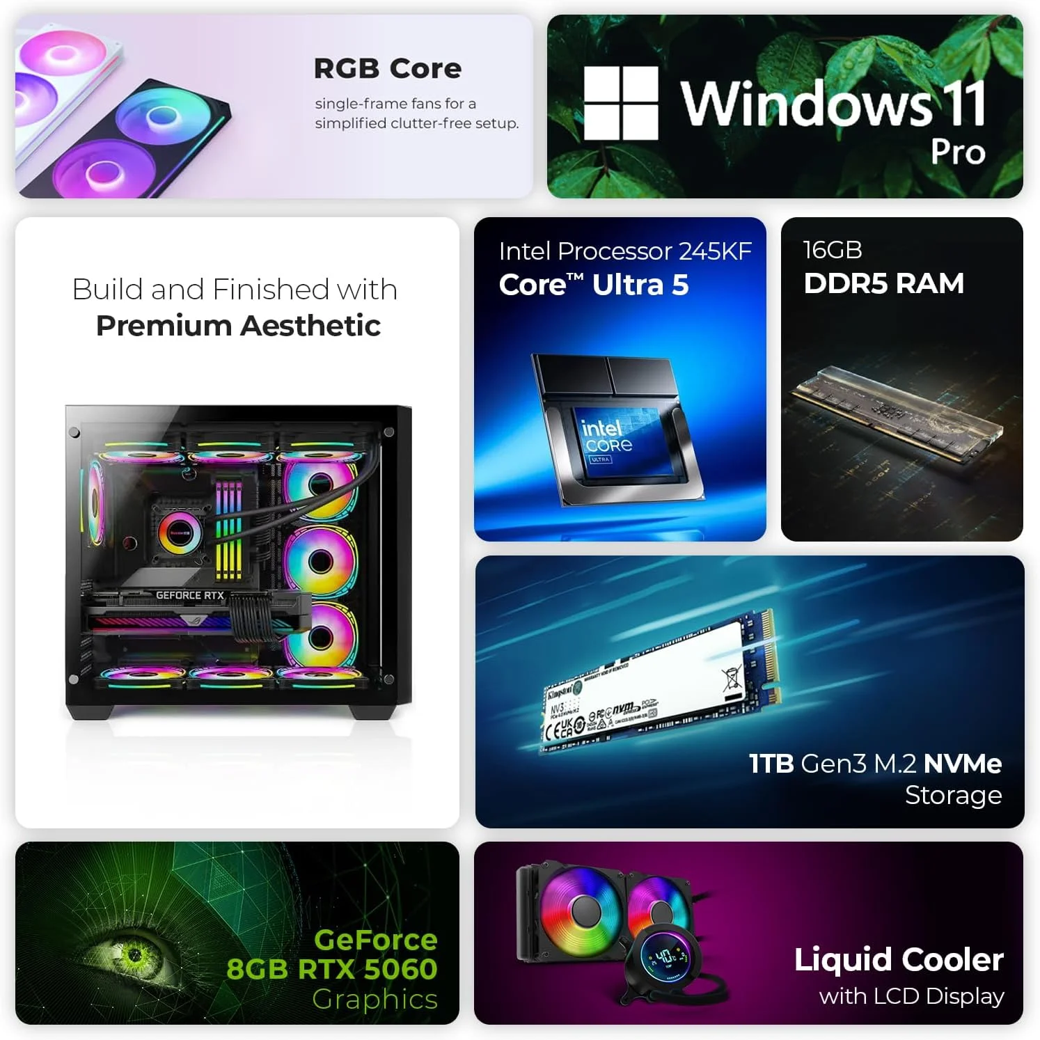 کامپیوتر گیمینگ فرست ویو TempestX – پردازنده Intel Core Ultra 5-245KF، کارت گرافیک 8GB RTX 5060، رم 16GB DDR5 RGB، حافظه 1TB NVMe SSD، وای فای، خنک کننده ARGB، ویندوز 11 پرو، دسکتاپ با عملکرد بالا