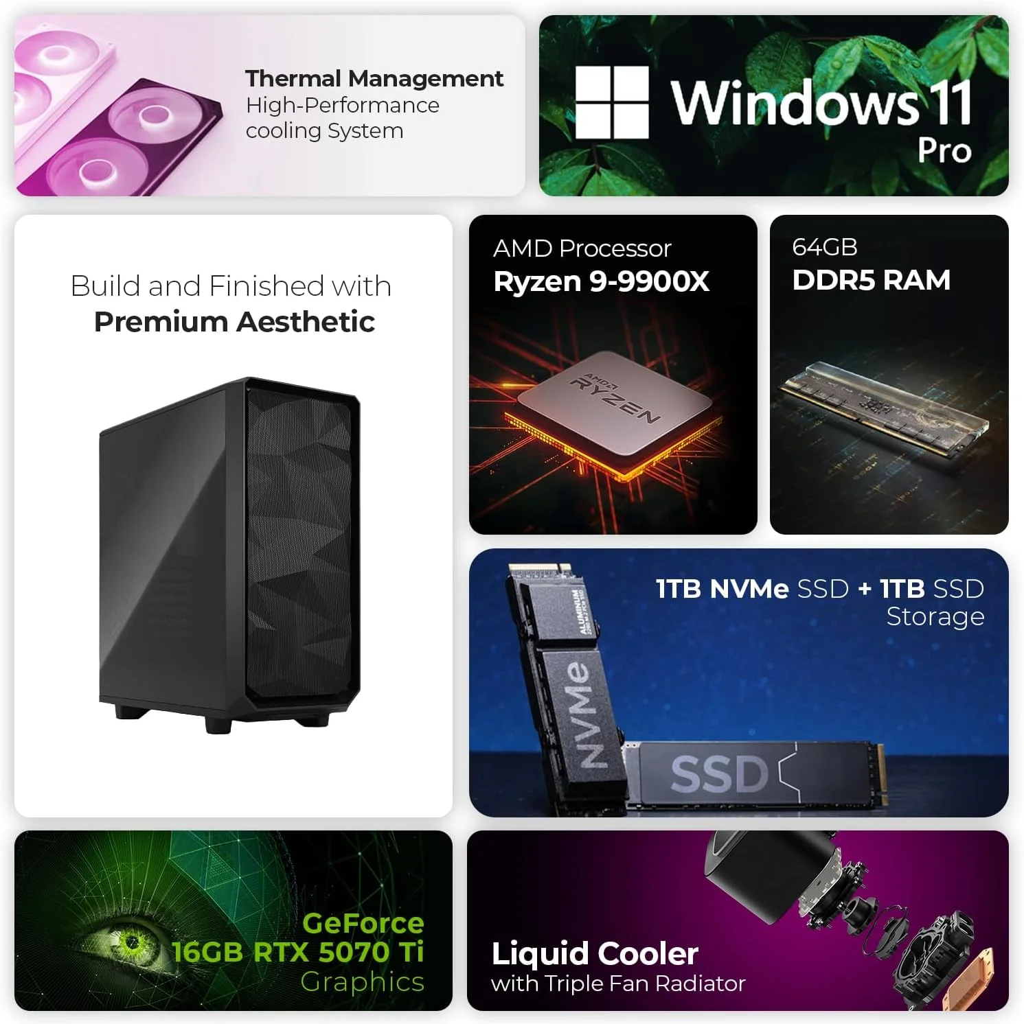 کامپیوتر ورک استیشن First Wave StudioX-9 – پردازنده AMD Ryzen 9-9900X، کارت گرافیک 16GB RTX 5070 Ti، رم 64GB DDR5، حافظه SSD 2TB (1TB NVMeSSD+1TB SATA)، WiFi، ARGB، ویندوز 11 پرو، دسکتاپ با عملکرد بالا