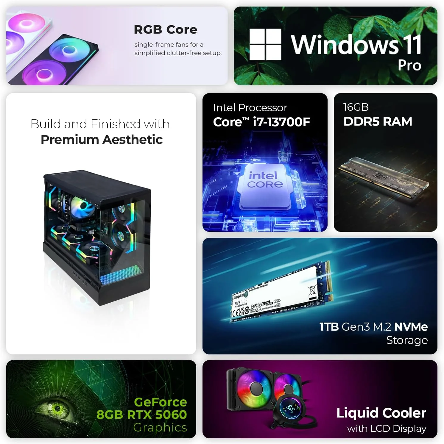 کامپیوتر گیمینگ فرست ویو WildForge – پردازنده Intel i7-13700F، کارت گرافیک 8GB RTX 5060، حافظه SSD NVMe 1TB، وای فای، خنک کننده هوشمند ARGB، ویندوز 1 پرو – دسکتاپ با عملکرد بالا (16 گیگابایت)