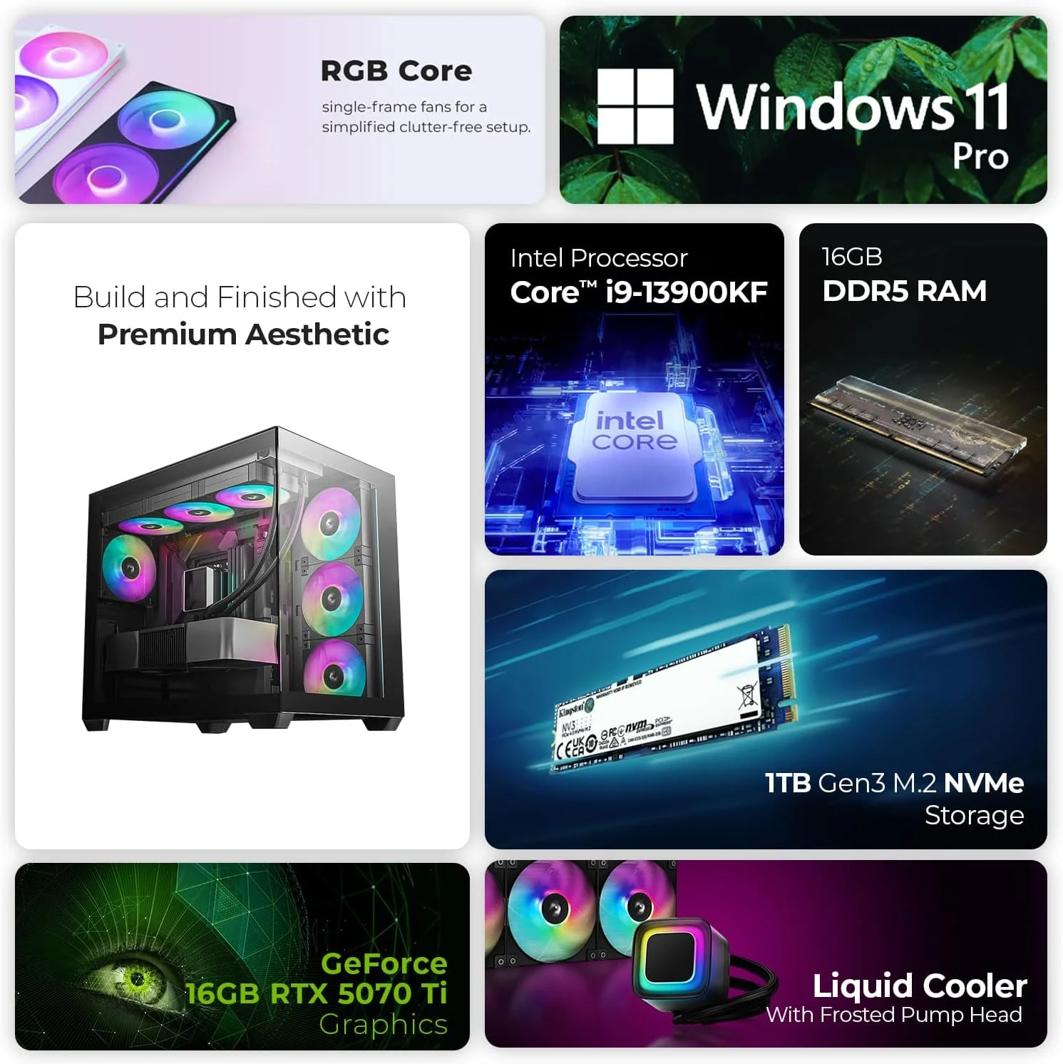 کامپیوتر گیمینگ فرست ویو ZeroGravity – پردازنده نسل سیزدهم Intel i9-13900KF، گرافیک 16GB RTX 5070Ti، رم 16GB DDR5 RGB، حافظه 1TB NVMe SSD، وای فای، خنک کننده مایع ARGB، ویندوز 11 پرو – دسکتاپ گیمینگ با عملکرد بالا