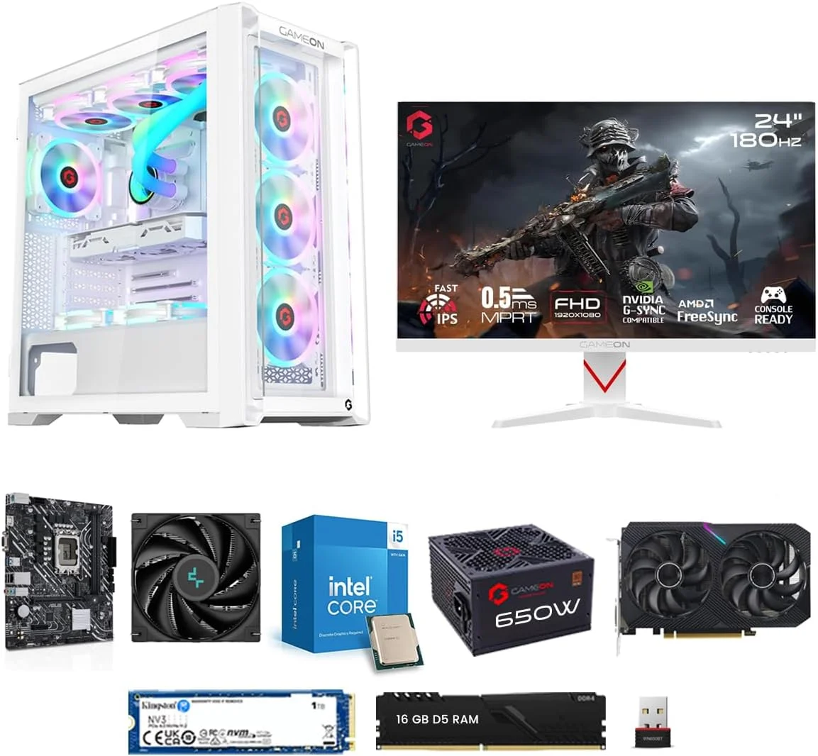 باندل کامپیوتر گیمینگ GAMEON | پردازنده Intel Core i5-12400F | کارت گرافیک RTX 3050 6GB | رم 16GB DDR5 | حافظه SSD NVMe 1TB | مانیتور گیمینگ IPS 180Hz | مادربرد H610M-K D5 | منبع تغذیه 650W | وای فای | کیس Vortex A