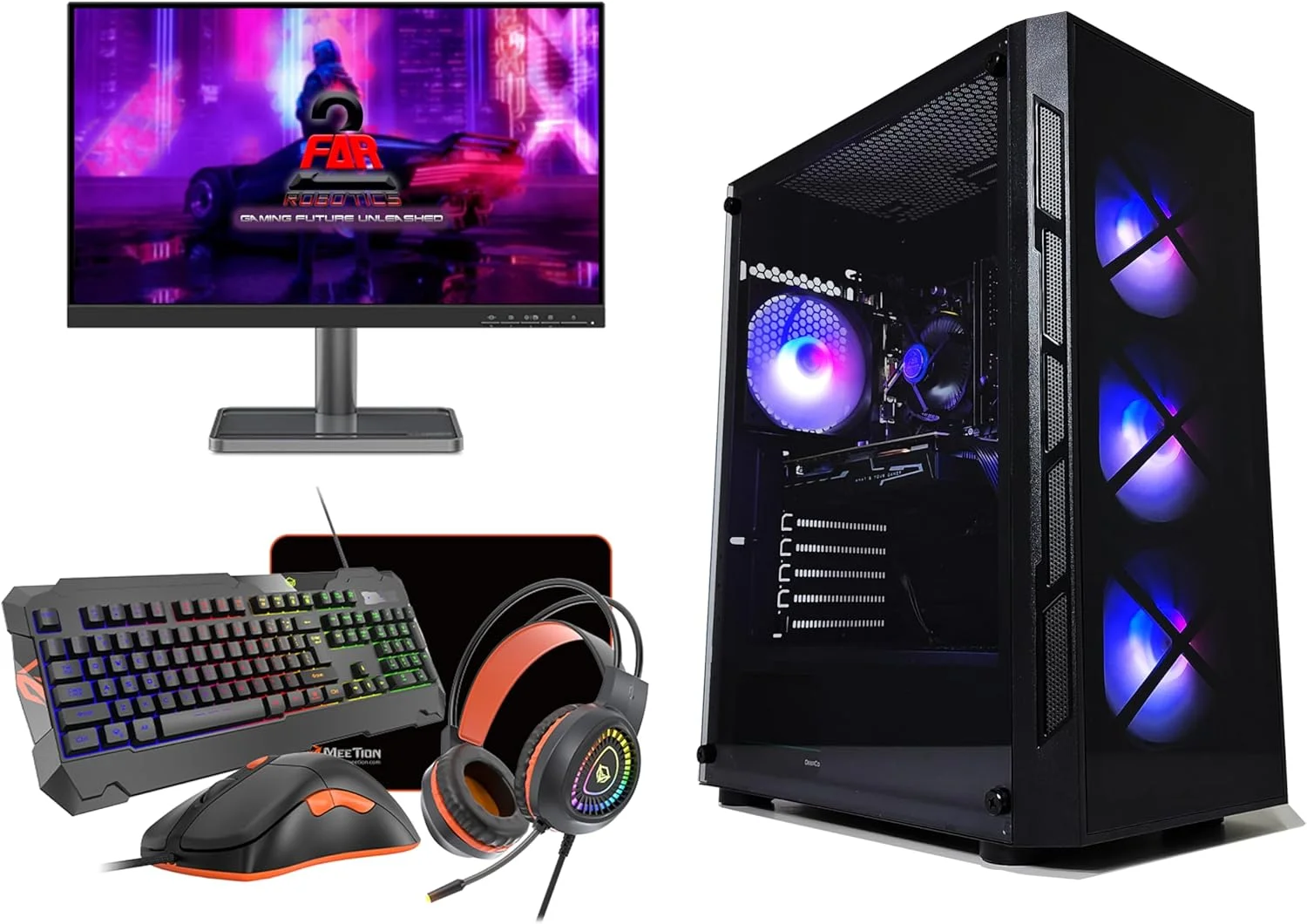 باندل کامپیوتر گیمینگ T-50 از 2 FAR ROBOTICS – اینتل i7-8700، GTX 1060، 16 گیگابایت DDR4، 1 ترابایت SSD، ویندوز 11 – مانیتور 24 اینچ، کیس RGB، کیبورد، ماوس، هدست – دسکتاپ استارتر با وای فای و بلوتوث