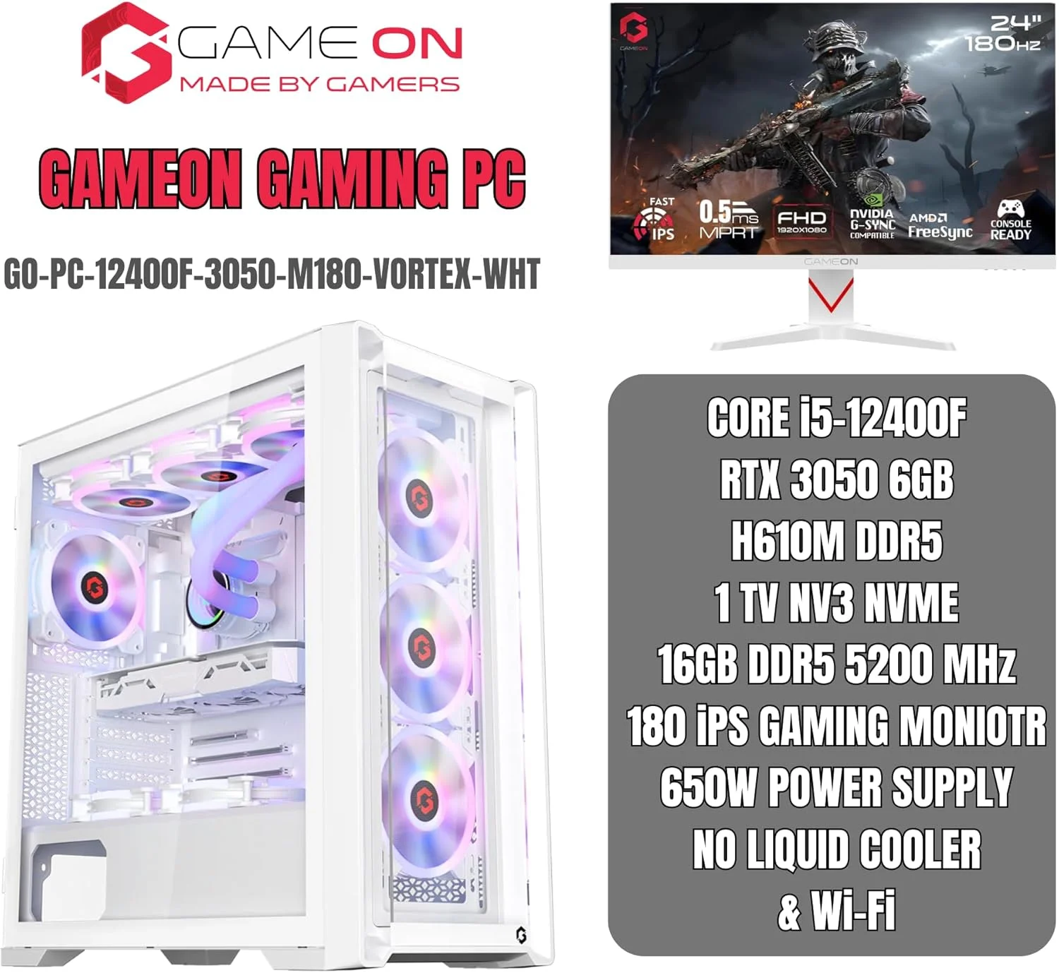 باندل کامپیوتر گیمینگ GAMEON | پردازنده Intel Core i5-12400F | کارت گرافیک RTX 3050 6GB | رم 16GB DDR5 | حافظه SSD NVMe 1TB | مانیتور گیمینگ IPS 180Hz | مادربرد H610M-K D5 | منبع تغذیه 650W | وای فای | کیس Vortex A