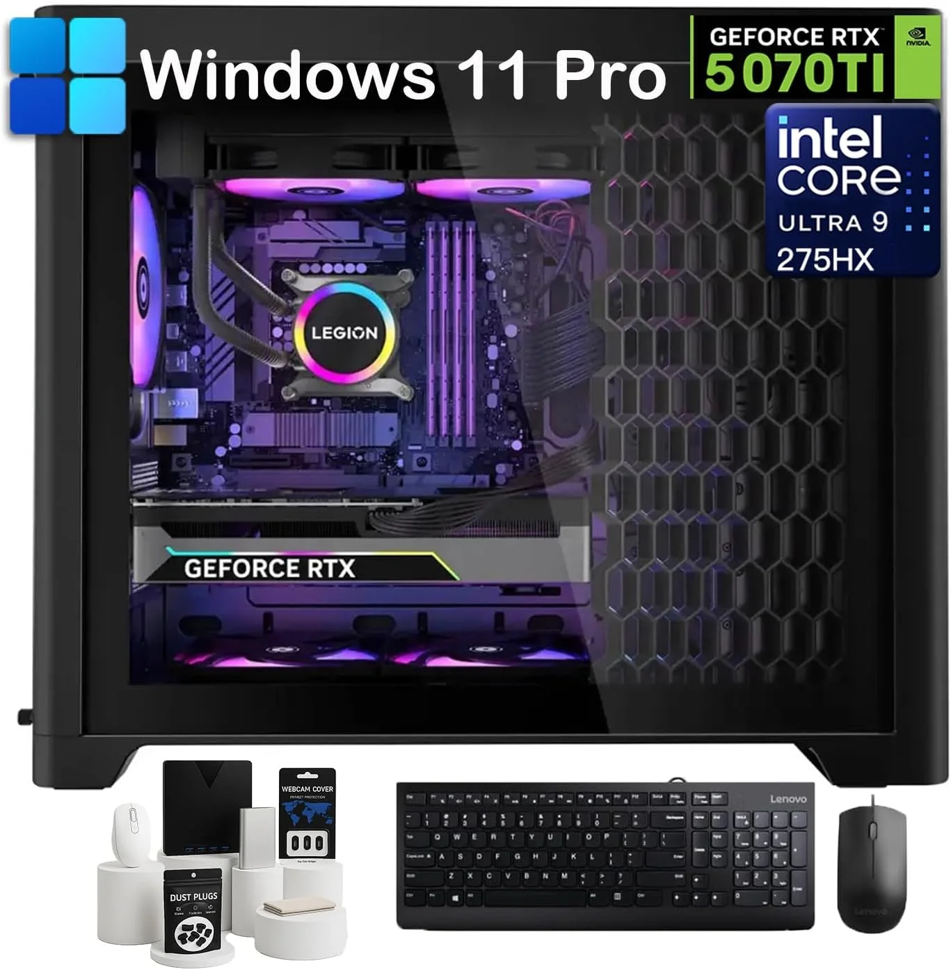 کامپیوتر رومیزی گیمینگ لنوو Legion Tower 5i Gen 10، پردازنده Intel 24 Core Ultra 9 275HX، کارت گرافیک NVIDIA GeForce RTX 5070 Ti، رم 64GB DDR5، حافظه SSD 4TB، حافظه HDD 2TB، خنک کننده مایع 200W، فن های ARGB، ویندوز 11 پرو، لوازم جانبی