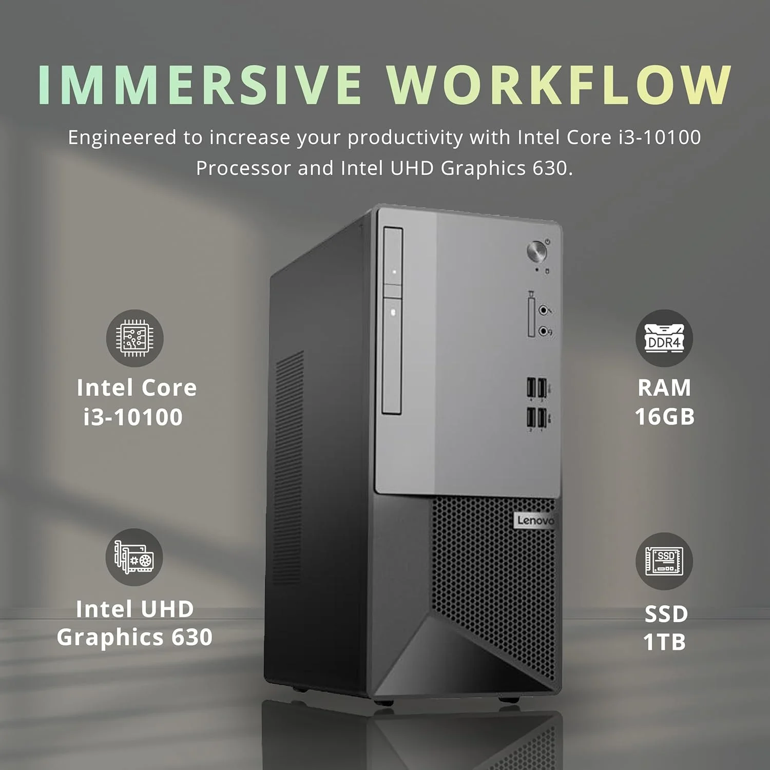 کامپیوتر رومیزی تجاری Lenovo V50t Gen2، پردازنده Intel Core i3-10100، رم 16 گیگابایت، حافظه SSD PCIe 1 ترابایت، DVD-RW، HDMI، RJ-45، درگاه نمایش، کیبورد و ماوس سیمی، ویندوز 11 پرو، مشکی، کارت USB Snowbell 32 گیگابایتی