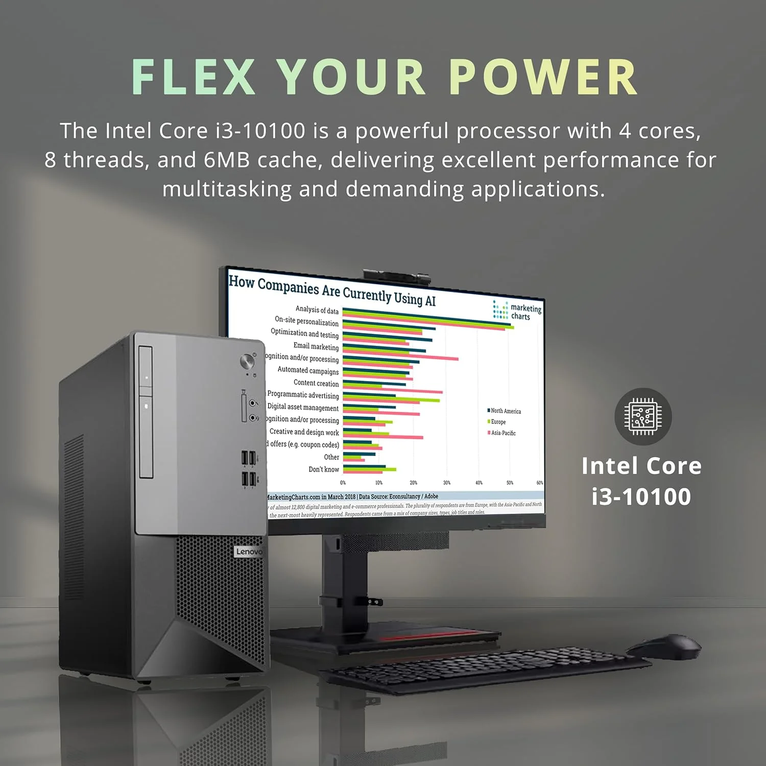 کامپیوتر رومیزی تجاری Lenovo V50t Gen2، پردازنده Intel Core i3-10100، رم 16 گیگابایت، حافظه SSD PCIe 1 ترابایت، DVD-RW، HDMI، RJ-45، درگاه نمایش، کیبورد و ماوس سیمی، ویندوز 11 پرو، مشکی، کارت USB Snowbell 32 گیگابایتی