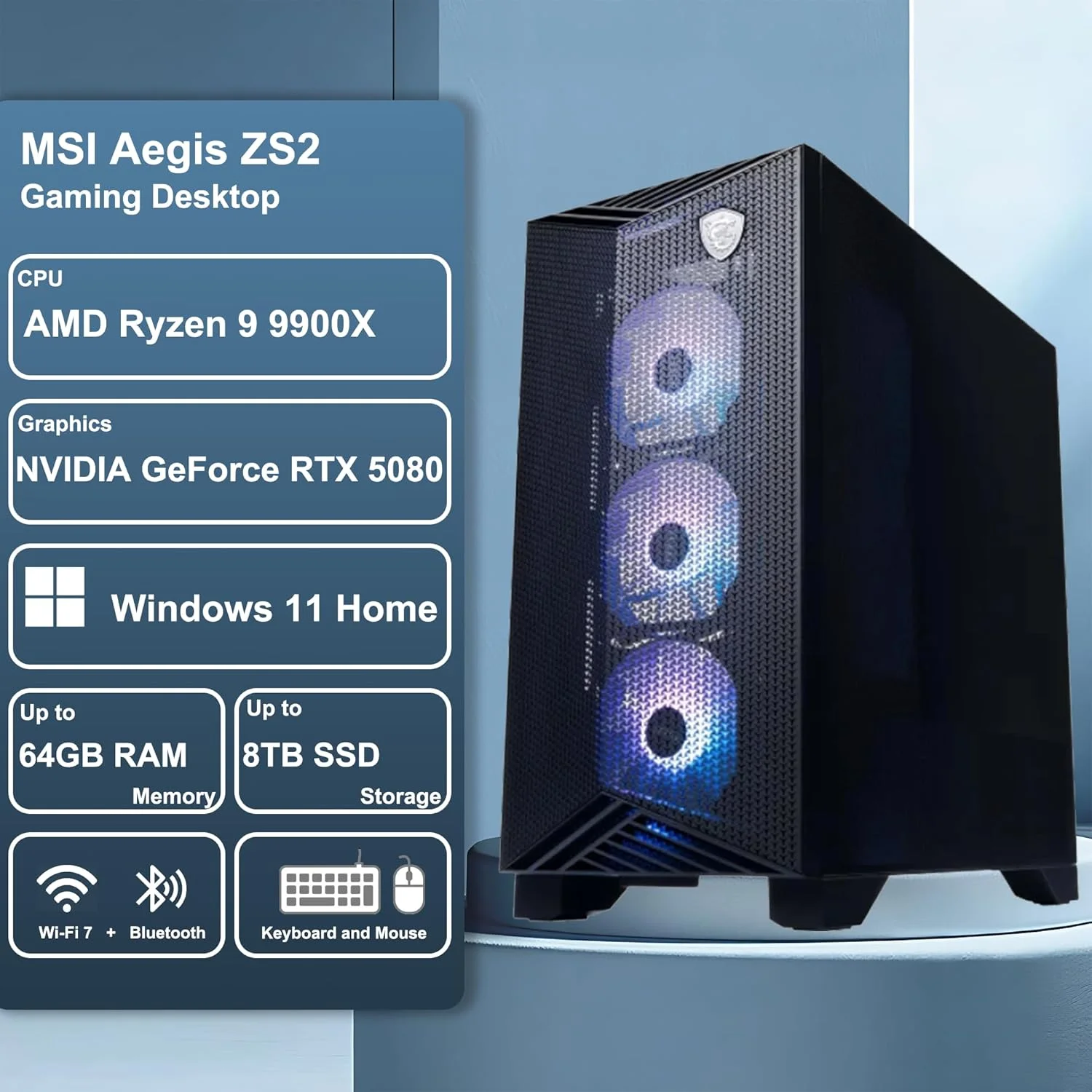 کامپیوتر گیمینگ دسکتاپ MSI Aegis ZS2 پردازنده 12 هسته ای AMD Zen 5 Ryzen 9 9900X رم 64 گیگابایتی SSD 8 ترابایتی کارت گرافیک GeForce RTX 5080 DLSS 4 خنک کننده مایع 360 میلی متری منبع تغذیه 850W 80+ Gold پشتیبانی از HDD ویندوز 11 به همراه ICP Hub