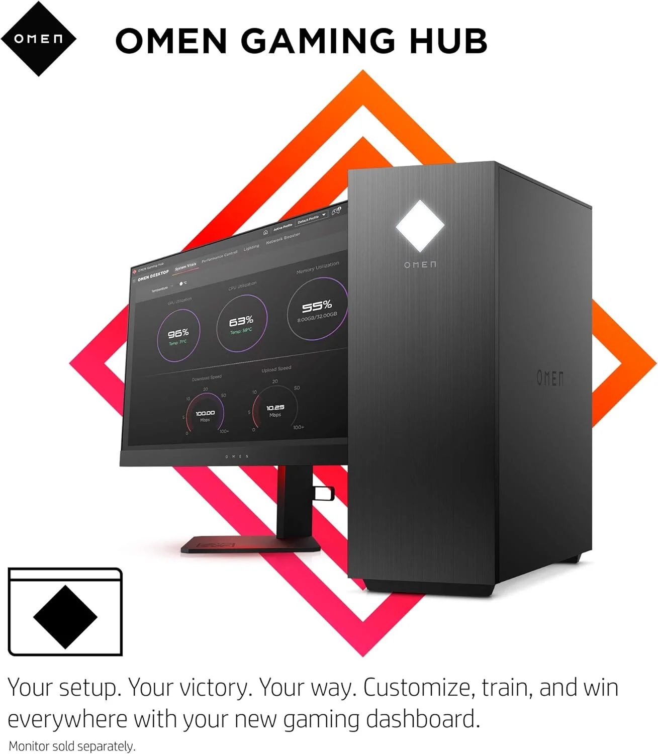 کامپیوتر رومیزی گیمینگ HP OMEN 25L، AMD Radeon RX 5500، AMD Ryzen 5 3500، رم HyperX 8GB DDR4، SSD PCIe NVMe 512GB، ویندوز 10 هوم، آماده واقعیت مجازی، نورپردازی RGB (مدل GT12-0010، 2020)