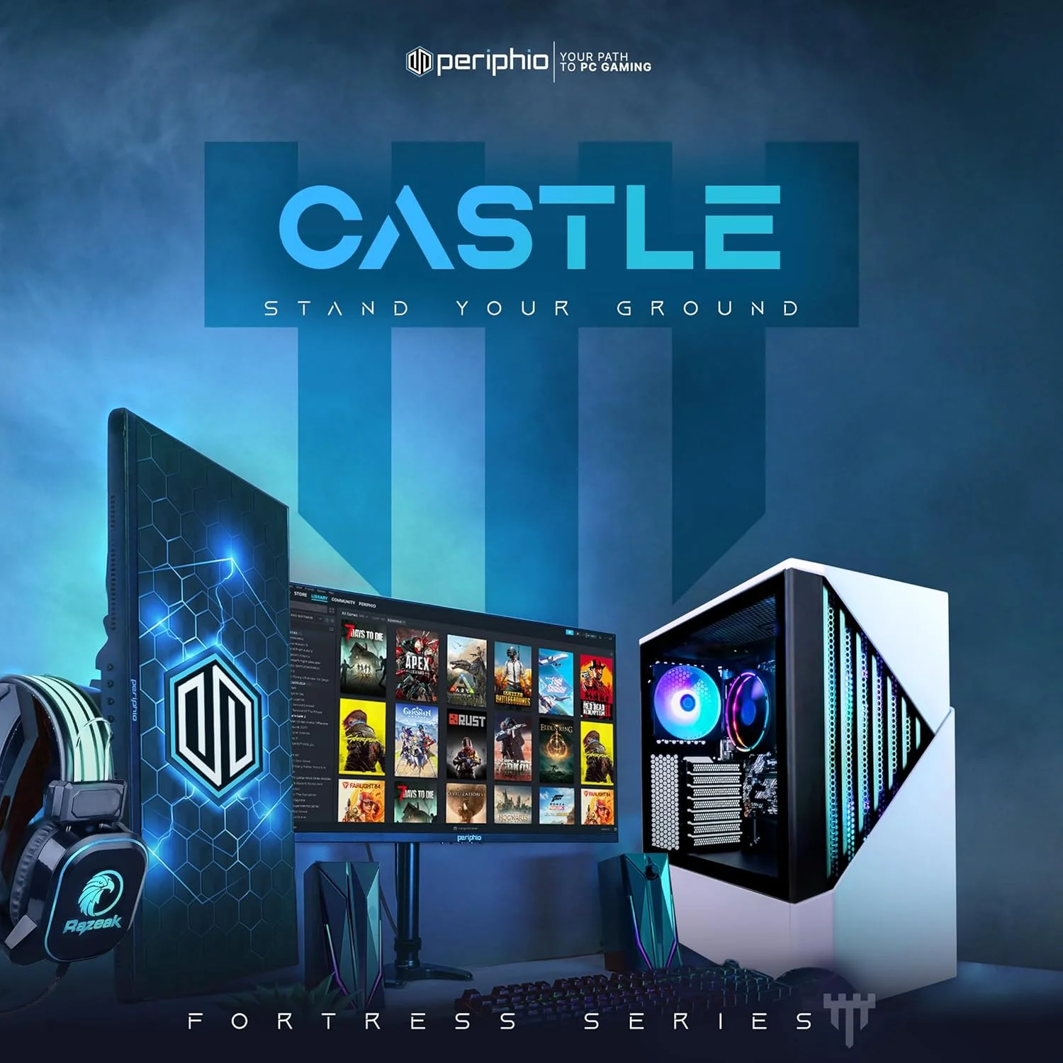 کامپیوتر گیمینگ اسمبل شده Periphio Castle - پردازنده AMD Ryzen 5 5600G (توربو 4.4 گیگاهرتز) | کارت گرافیک Radeon Vega 7 iGPU (4GB) | حافظه 1 ترابایت M.2 NVMe SSD | رم 16 گیگابایت DDR4 | کامپیوتر رومیزی گیمینگ Windows 10 | وای فای 5G + BT…