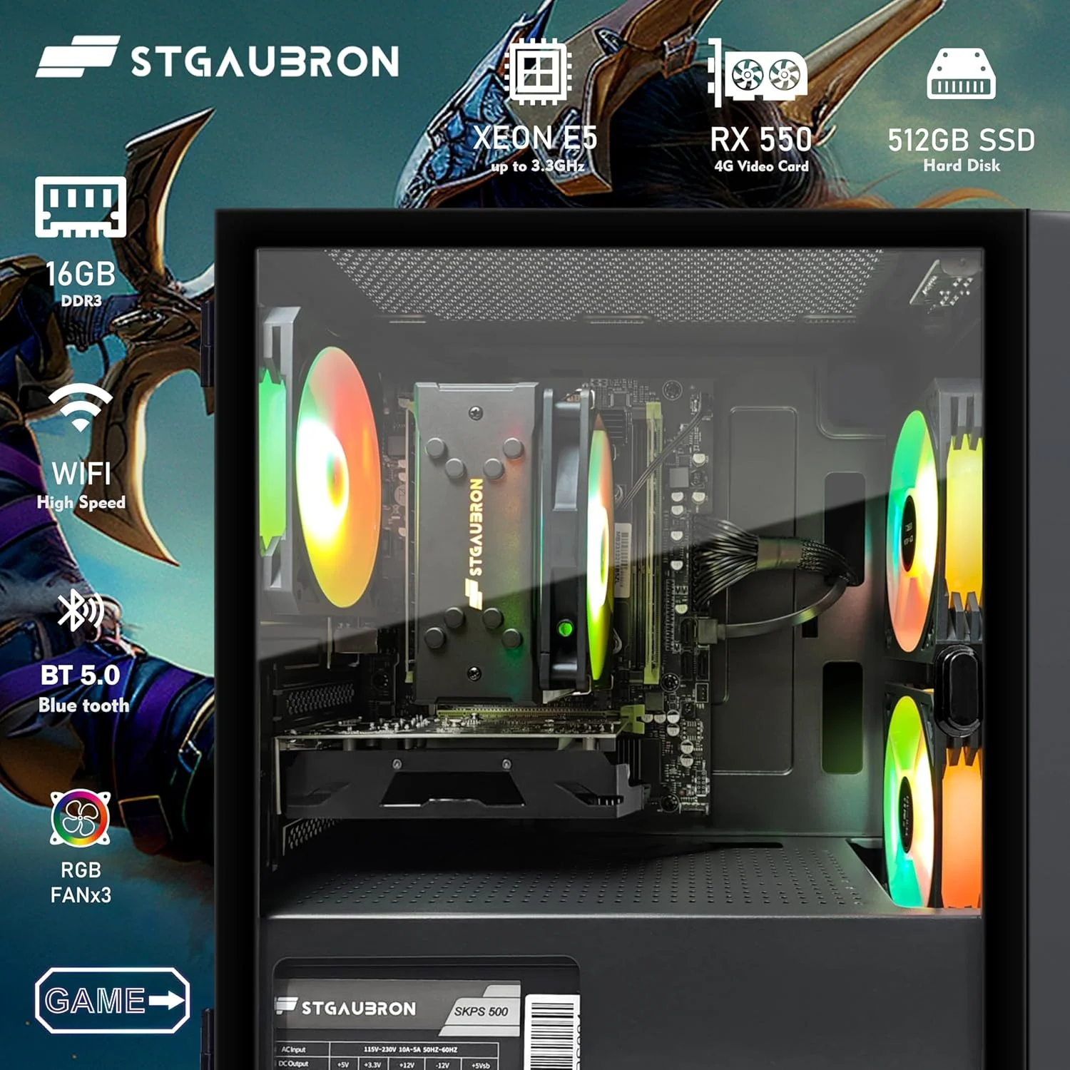 کامپیوتر رومیزی گیمینگ STGAubron، پردازنده Intel i7 Xeon E5، کارت گرافیک Radeon RX 550 4G، رم 16 گیگابایت، SSD 512 گیگابایت، WiFi، BT 5.0، فن RGB x3، ویندوز 11 هوم، کیس کامپیوتر گیمینگ برای گیمر، استریمینگ